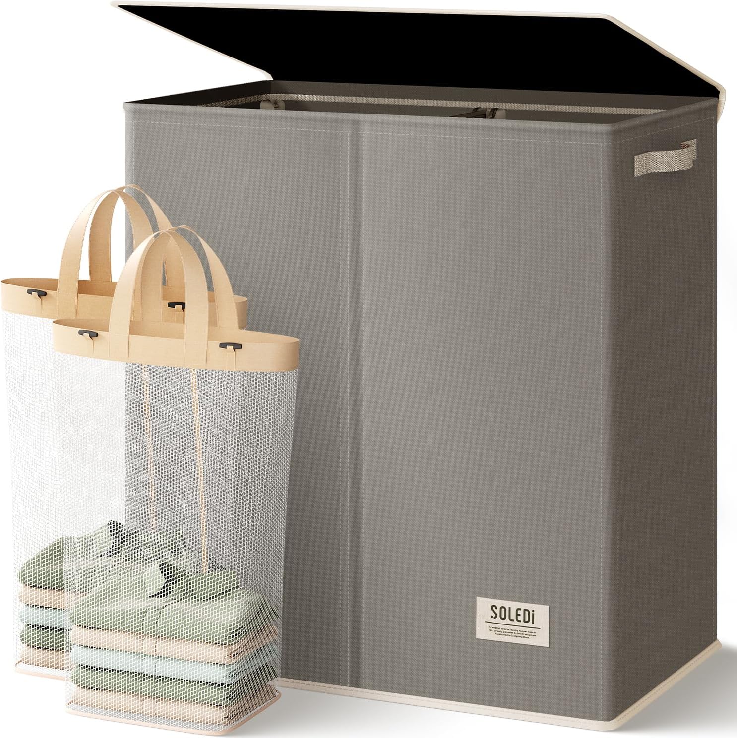 SOLEDI Luxury Double Laundry Hamper with Lid and Removable Bags, 38.3 Gal Large Laundry Bin, Laundry Basket 2 Sections