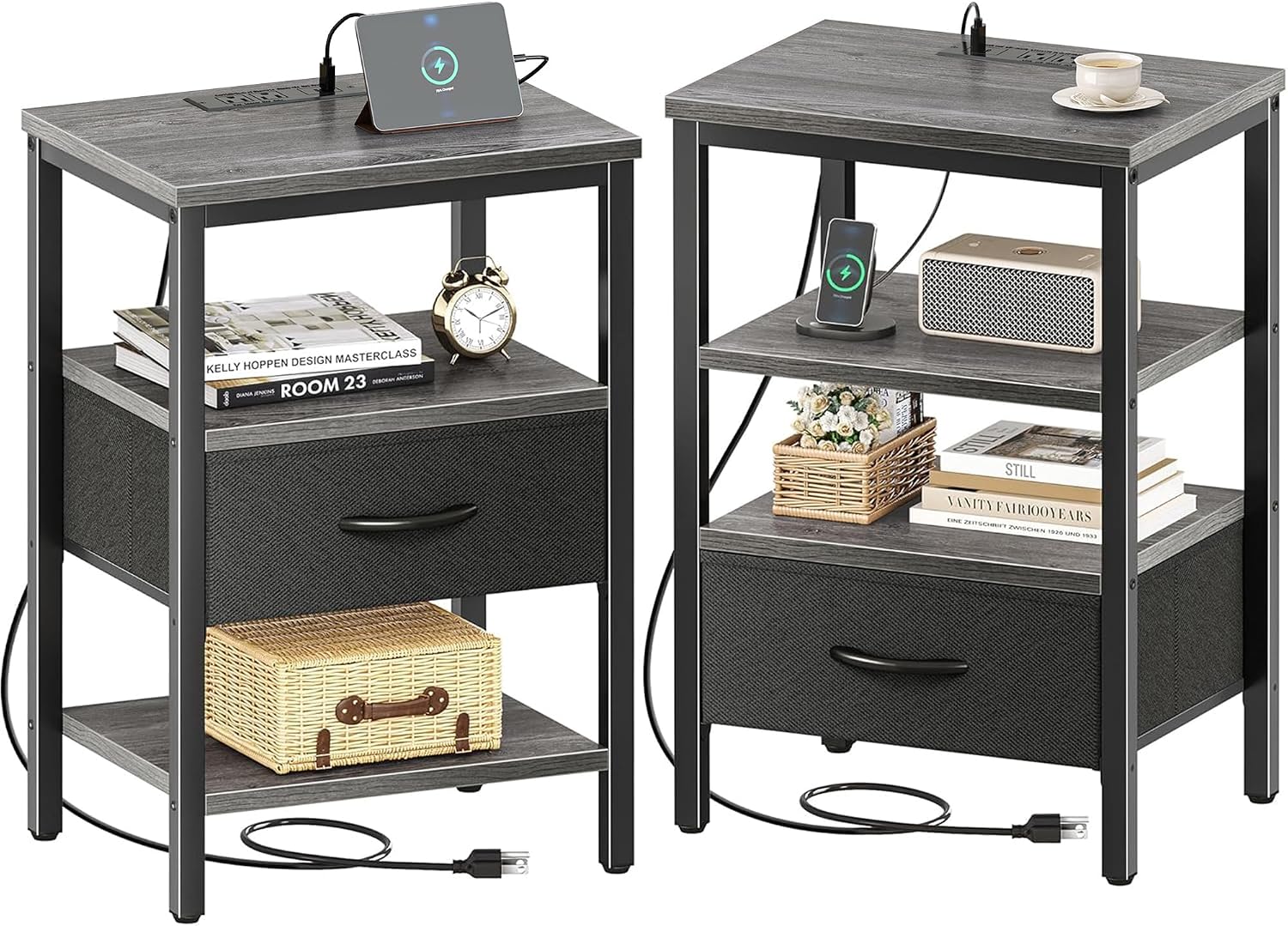 SUPERJARE Nightstand Set of 2, Bed Side Tables with Charging Station, Adjustable Fabric Drawer, Night Stand for Bedroom, 3-Tier Storage End Tables