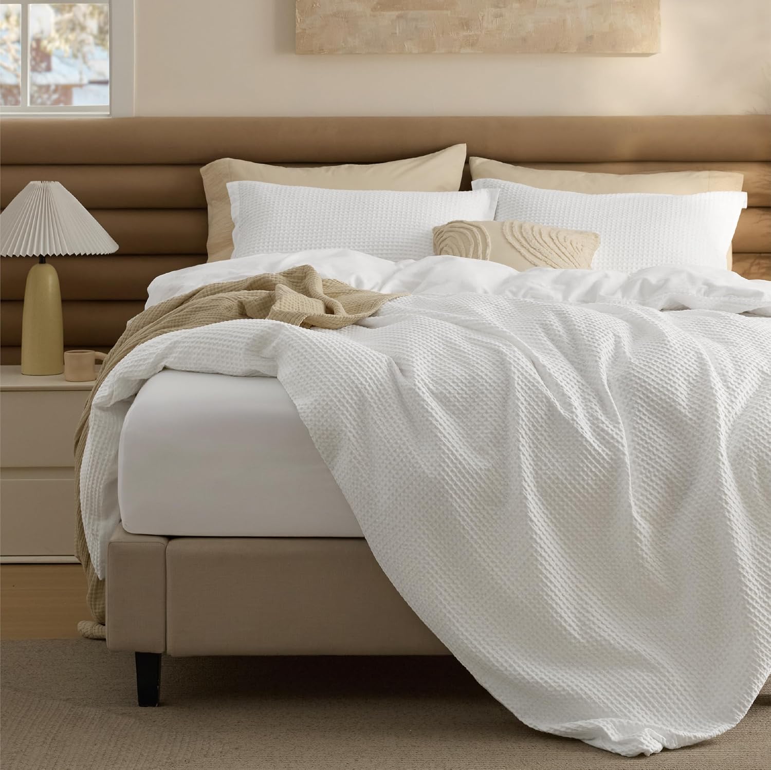 Bedsure Cotton Duvet Cover Queen - 100% Cotton Waffle Weave Coconut White Duvet Cover Queen Size, PureWoven Breathable Bedding Set for All Season