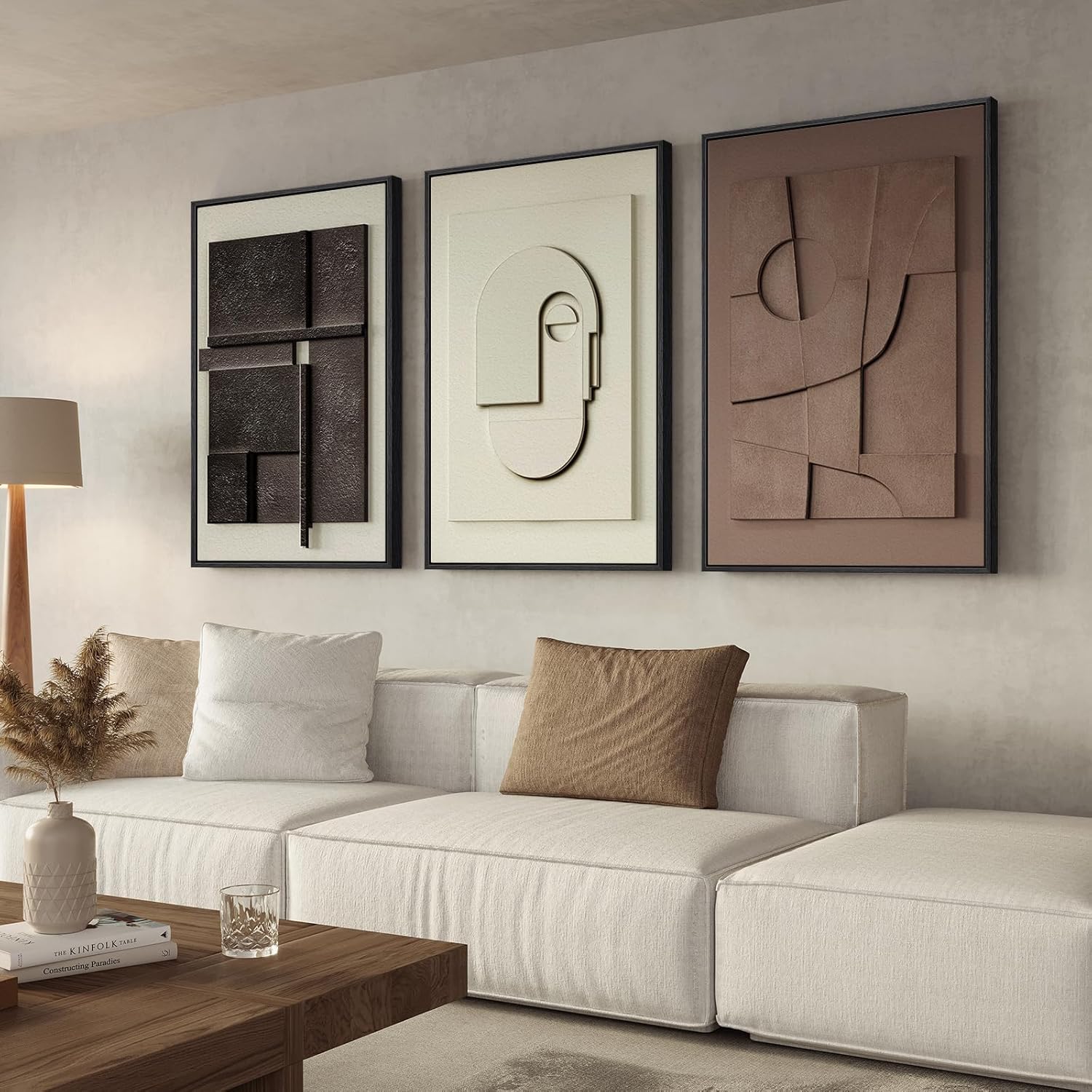 3D Wood Textured Large Neutral Abstract Wall Art, Modern Beige Brown Geometric Paintings Artwork for Walls-Minimalist Wooden Wall Art Decor for Living