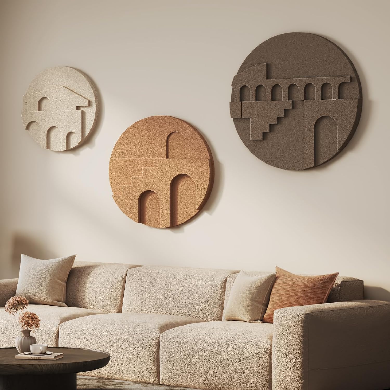 3D Wood Textured Large Neutral Abstract Wall Art, Modern Beige Brown Geometric Paintings Artwork for Walls-Minimalist Wooden Wall Art Decor for Living