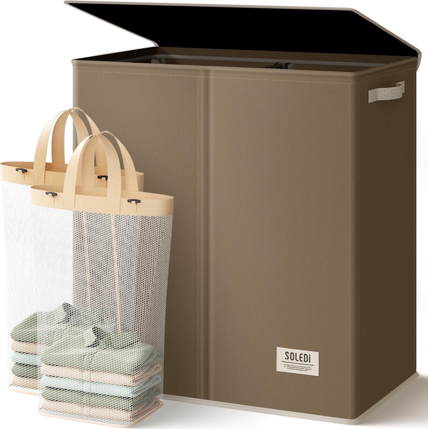 SOLEDI Luxury Double Laundry Hamper with Lid and Removable Bags, 38.3 Gal Large Laundry Bin, Laundry Basket 2 Sections
