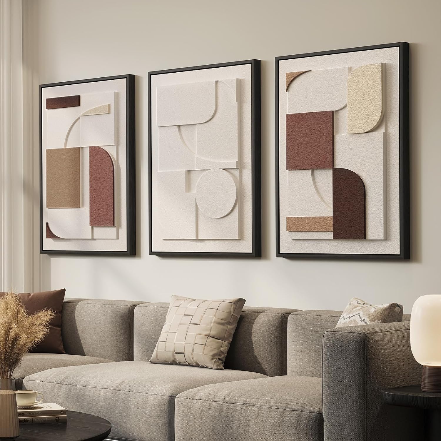 Large 3D Textured Framed Boho Modern Neutral Abstract Wall Art for Living Room, 3 Piece Black White Brown Paintings Artwork for Walls