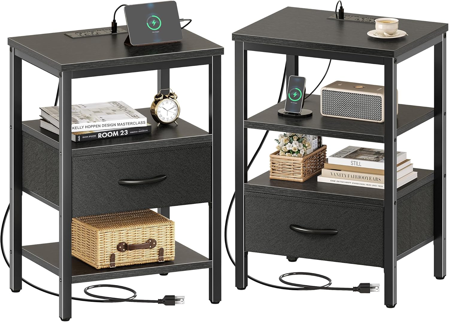 SUPERJARE Nightstand Set of 2, Bed Side Tables with Charging Station, Adjustable Fabric Drawer, Night Stand for Bedroom, 3-Tier Storage End Tables