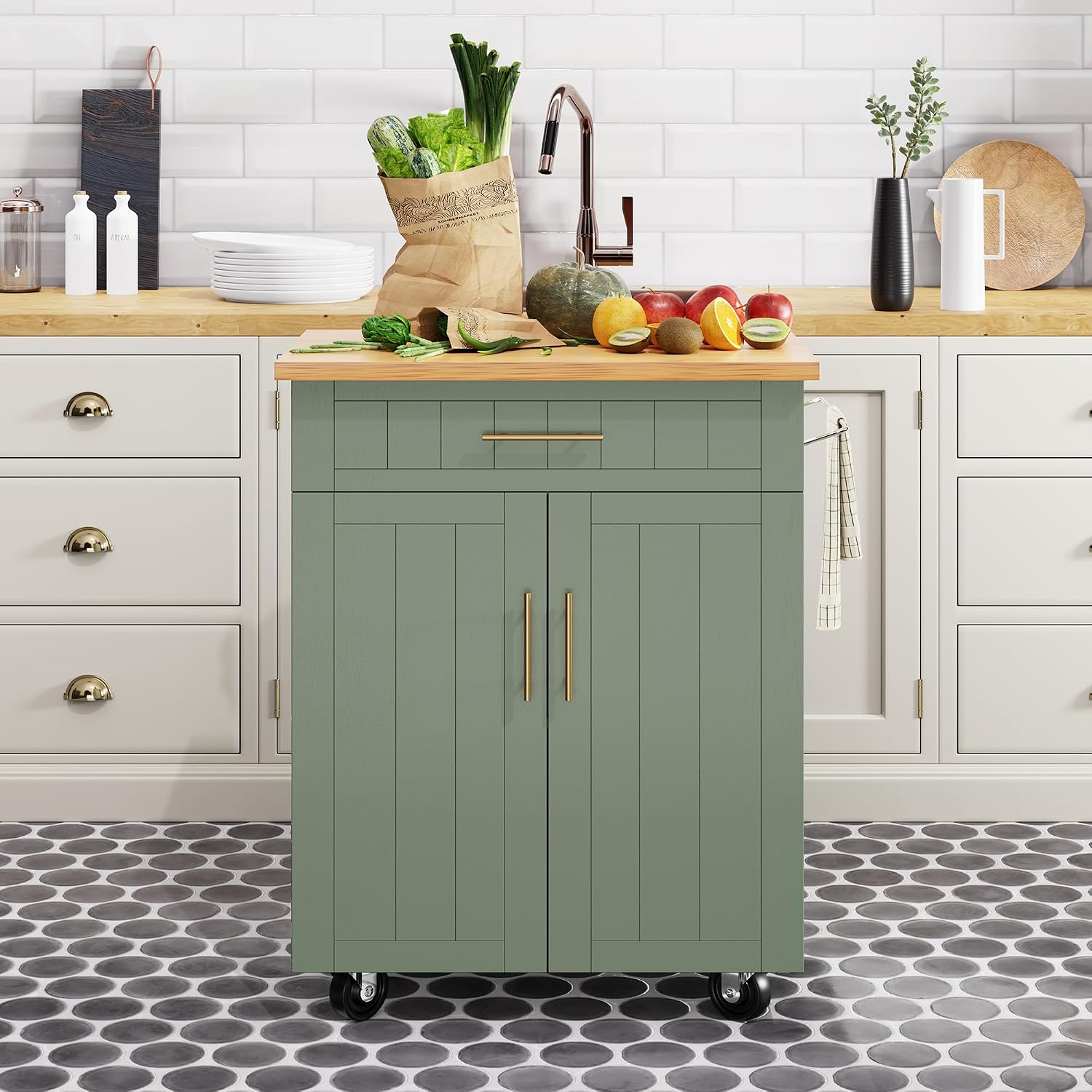 Shintenchi Kitchen Island Cart with Storage, Rolling Side Table on Wheels with Worktop, Single Door Cabinet and Drawer for Dining Room, White