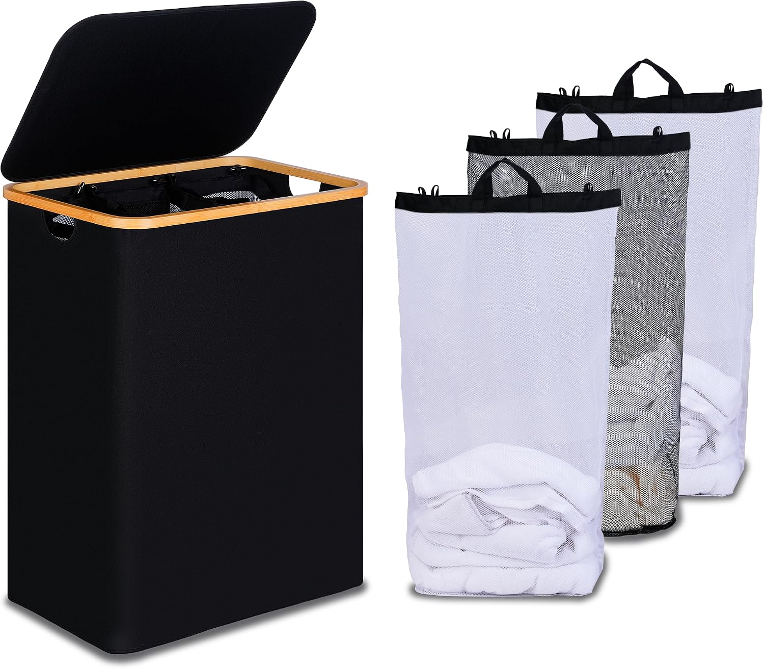 efluky Laundry Hamper with Lid, Double Laundry Basket with 2 Removable Bags, 2 Section Laundry Bin with Bamboo Handles for Bathroom