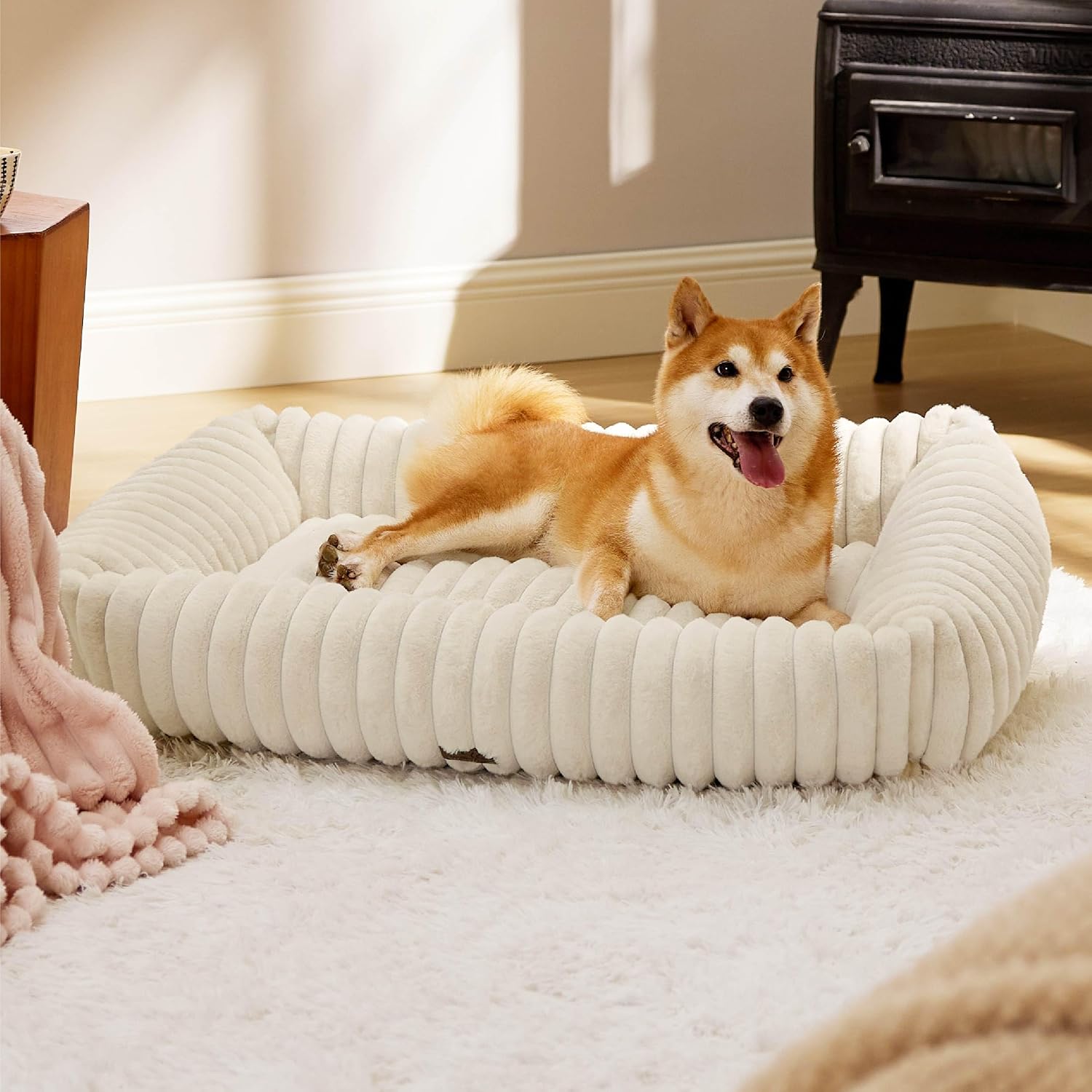 Bedsure ComfyFleece™ Cute Dog Beds Large Sized Dog Washable, 36in Blush Pink, Furry Big Square Pet Beds, Washable Aesthetic