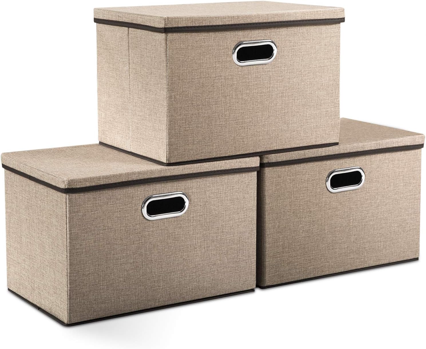 PRANDOM Large Collapsible Storage Bins with Lids 3-Pack Linen/Cotton Blend Foldable Storage Boxes Organizer Containers Baskets Cube with Cover for