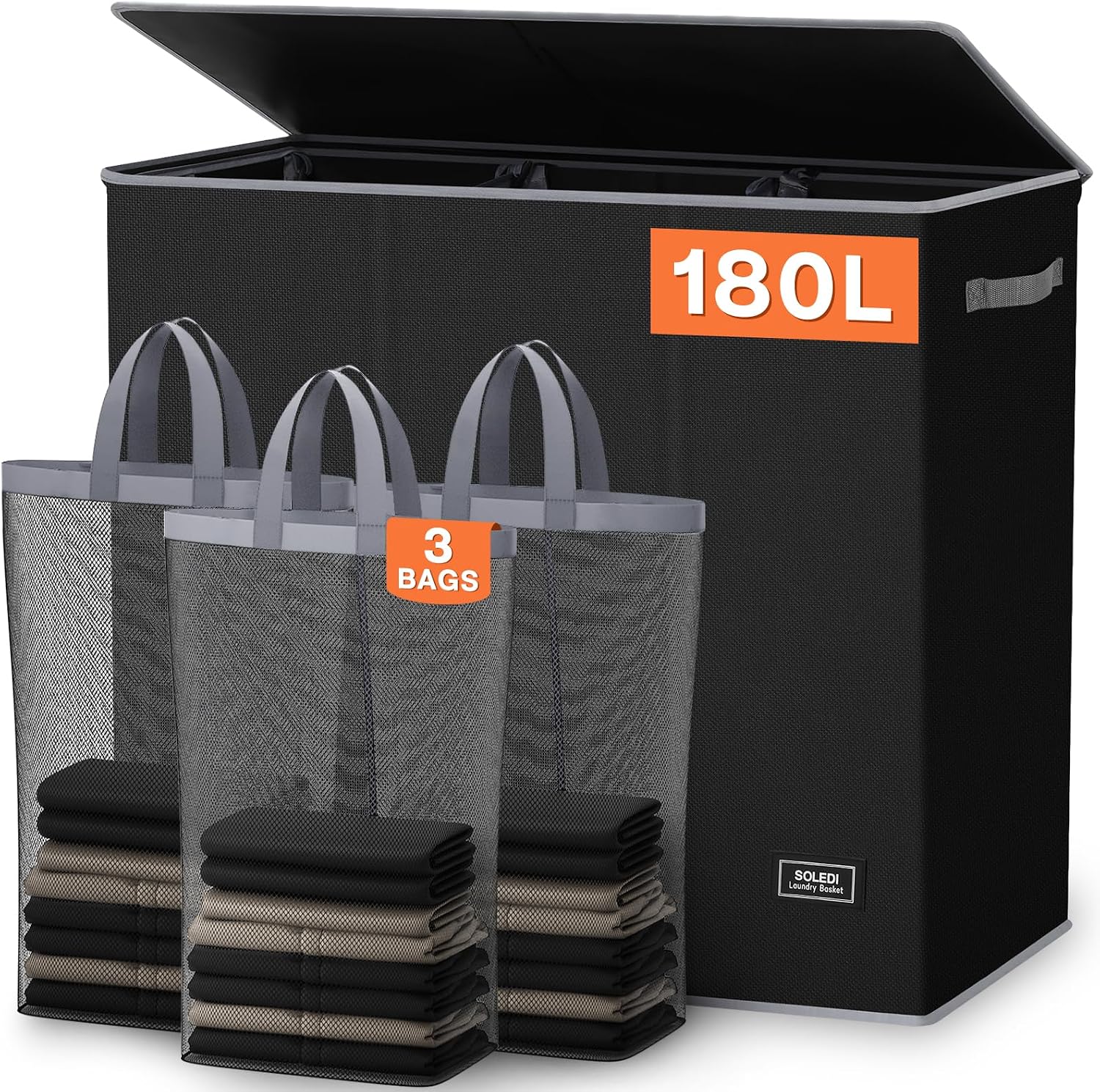 SOLEDI 180L Laundry Hamper 3 Section, Extra Large Laundry Hamper with Lid, Dirty Clothes Hamper with Sturdy Handle