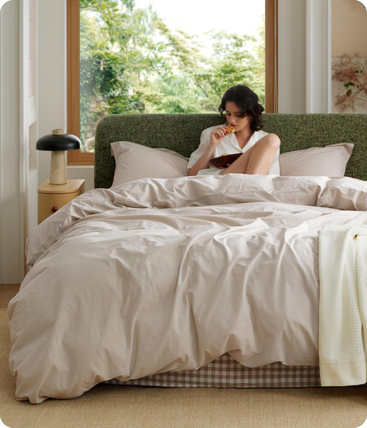 Bedsure 100% Washed Cotton Duvet Cover King Size - Sage Green Minimalist Bedding Set Linen Like - PureWoven Plain Simple and Soft Comforter Cover for