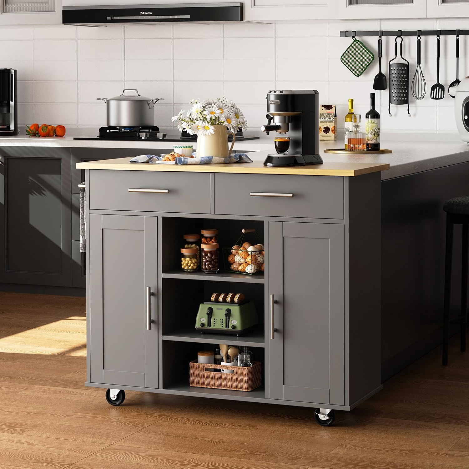Shintenchi Kitchen Island Cart with Storage, Rolling Side Table on Wheels with Worktop, Single Door Cabinet and Drawer for Dining Room, White