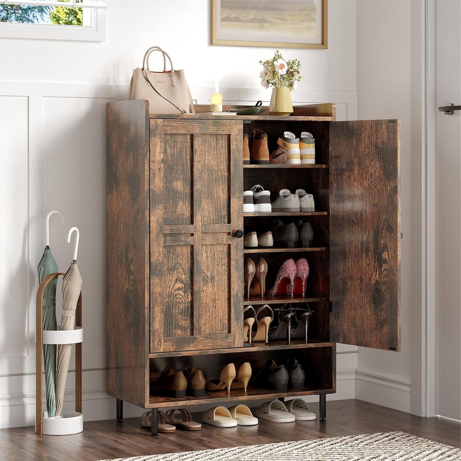 Shoe Cabinet with Cross Molding Doors, 6-Tier Shoe Storage Cabinet with 3 Adjustable Shelves and Metal Legs