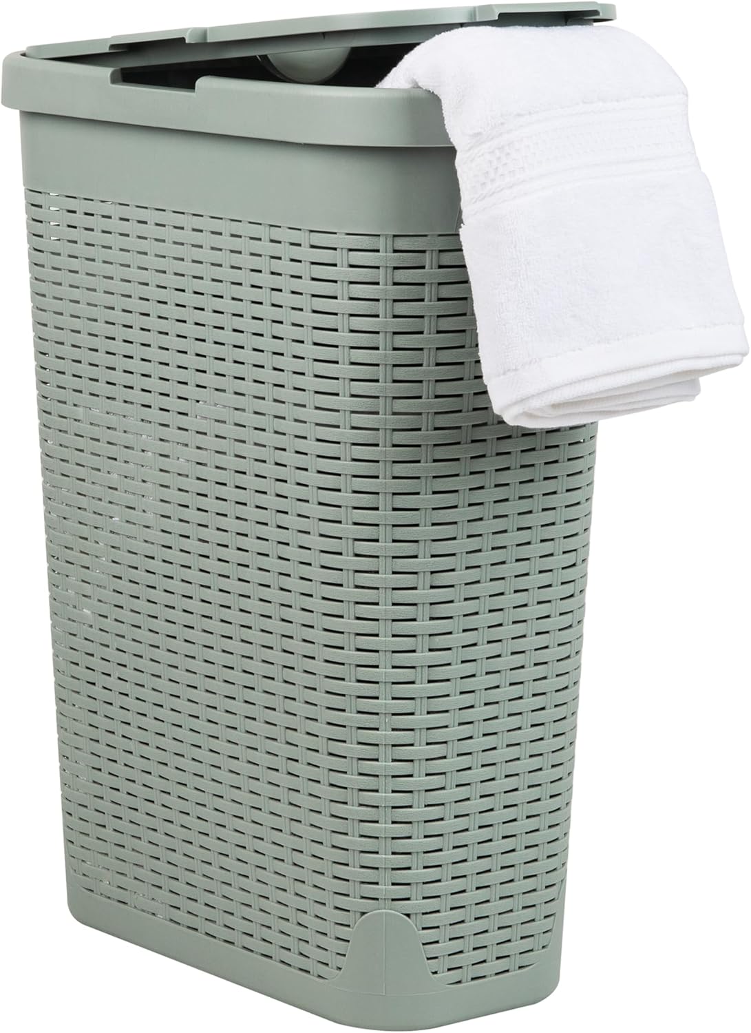 Mind Reader Slim Laundry Hamper with Lid, 40L Clothes Basket, Narrow Tapered Design with Ventilated Cutout Pattern, Plastic, White