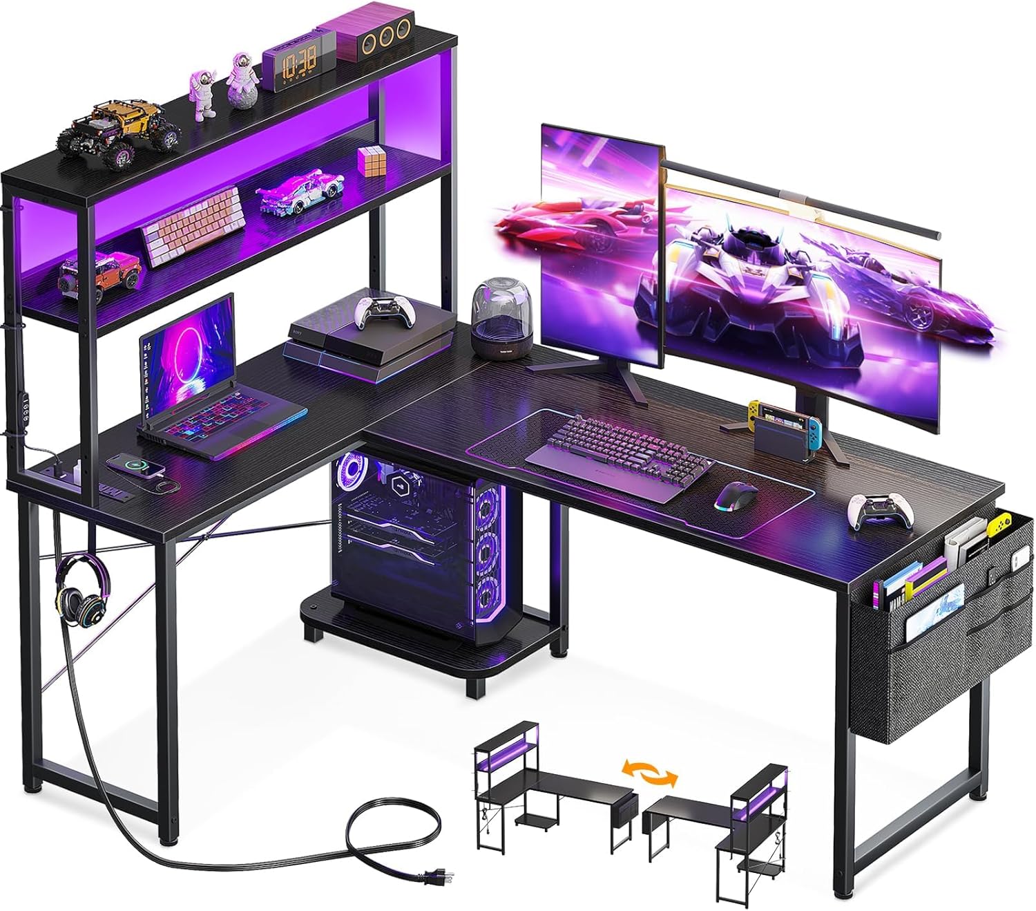 AODK L Shaped Desk Gaming Desk with LED Light and Power Outlet, 53 Inch Reversible L Shaped Computer Table with Shelf and Storage Bag and Hook for