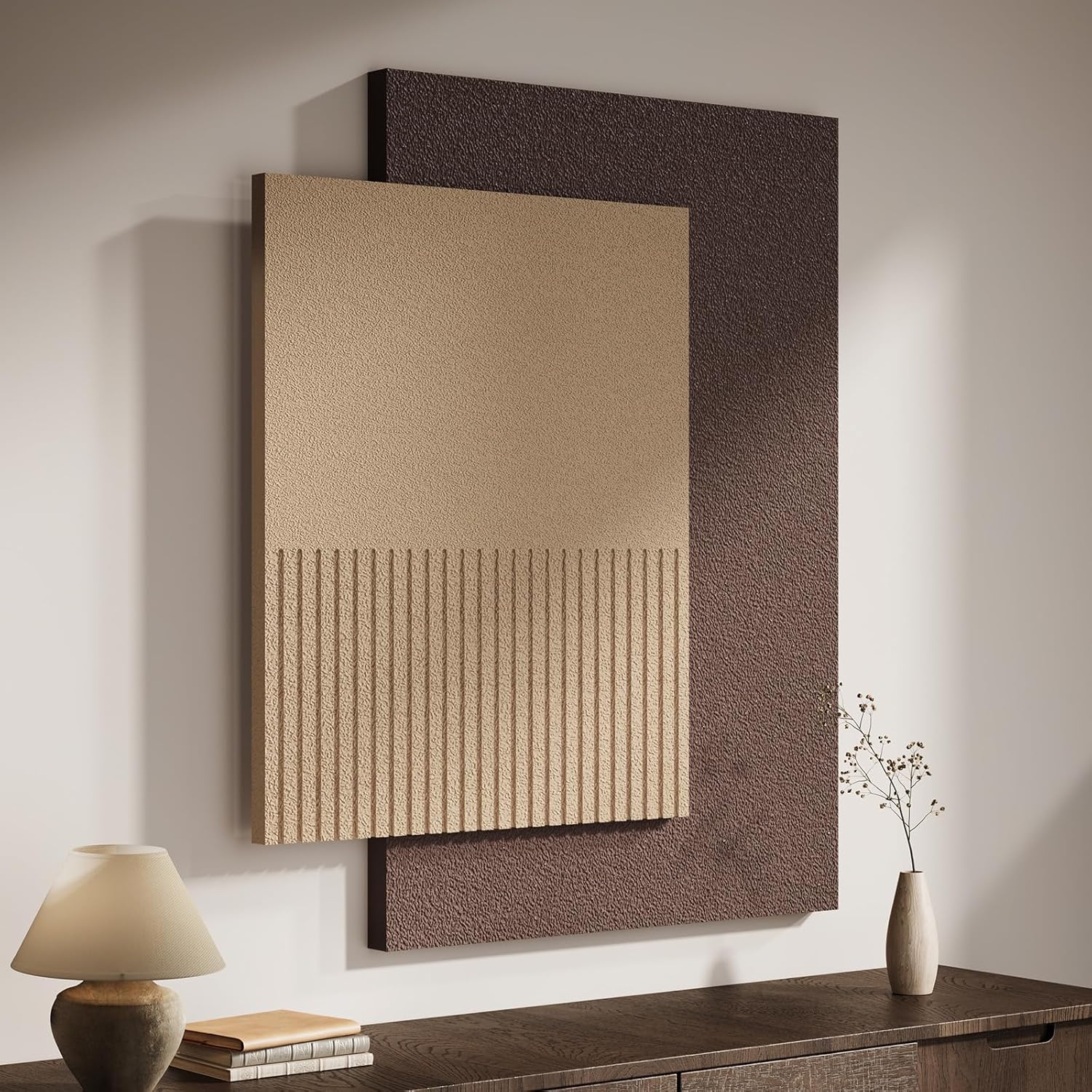 3D Wood Textured Large Neutral Abstract Wall Art, Modern Beige Brown Geometric Paintings Artwork for Walls-Minimalist Wooden Wall Art Decor for Living