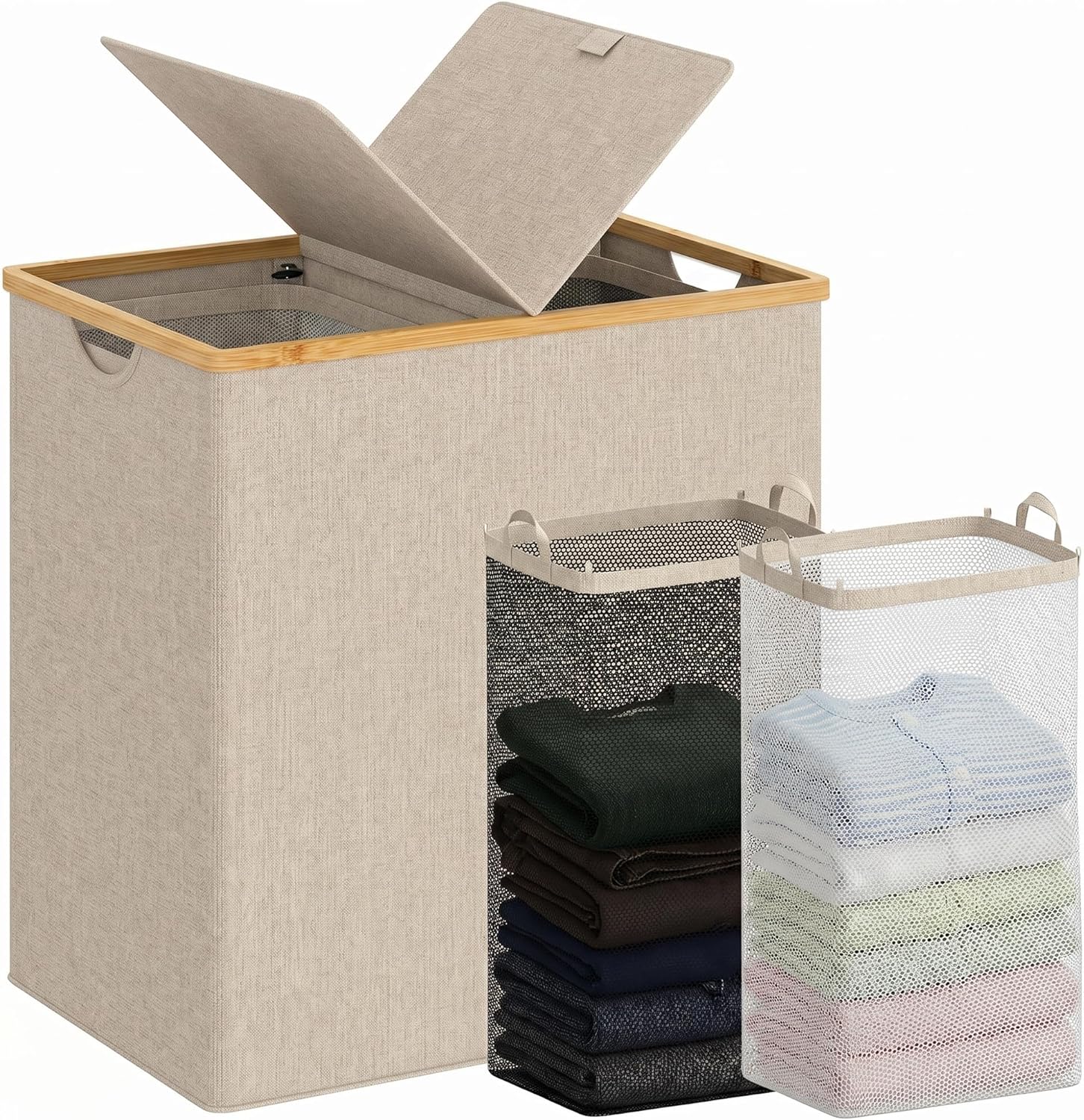 efluky Laundry Hamper with Lid, Double Laundry Basket with 2 Removable Bags, 2 Section Laundry Bin with Bamboo Handles for Bathroom