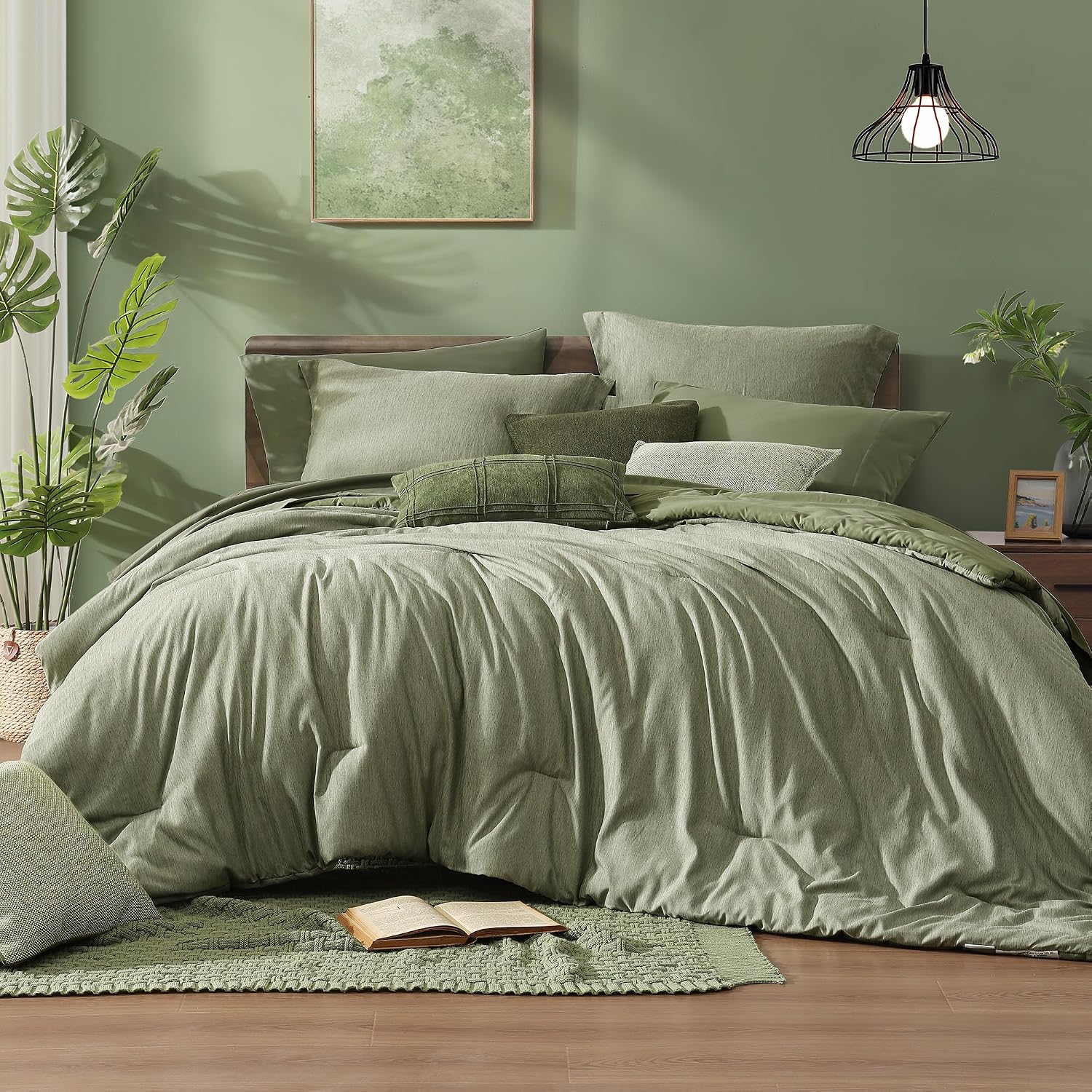 Monbix King Size Comforter Set, Olive Green King Bed Set Reversible, King Size Comforter Set 7 Pieces, Cationic Dyeing Bed in a Bag with Comforter
