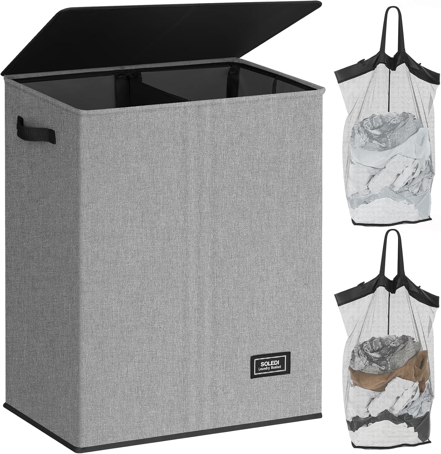 SOLEDI Luxury Double Laundry Hamper with Lid and Removable Bags, 38.3 Gal Large Laundry Bin, Laundry Basket 2 Sections