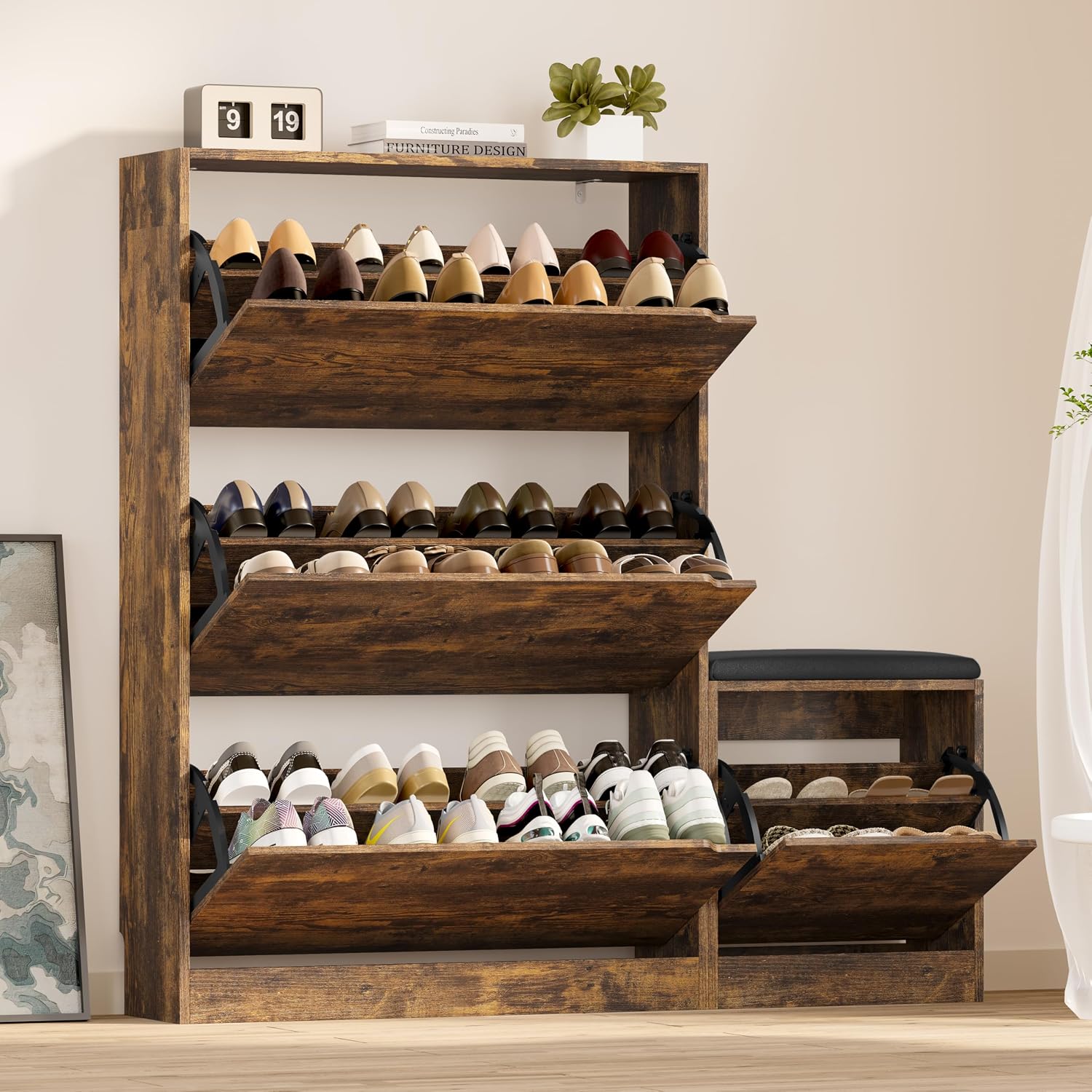 BORNOON Shoe Cabinet with 3 Flip Drawers, Hidden Wood Shoe Cabinet, Freestanding Shoe Storage Cabinet for Entryway Hallway.White. 47.2" H*31.5" W*9