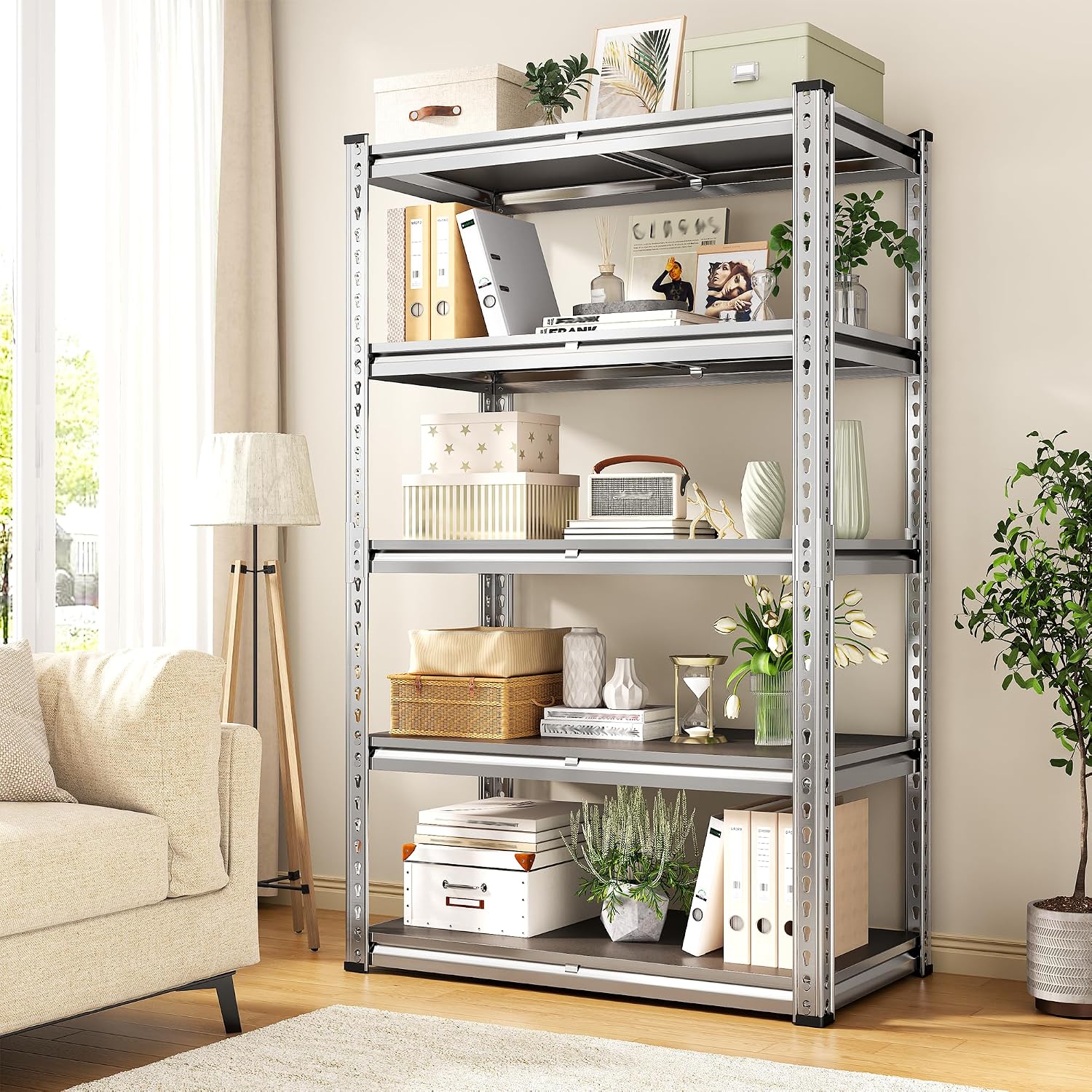 REIBII Galvanized Garage Shelving with PP Boards for Pantry Office Garage, Freestanding, Rustproof, Adjustable, Detachable, 5-Tier, Easy Assembly