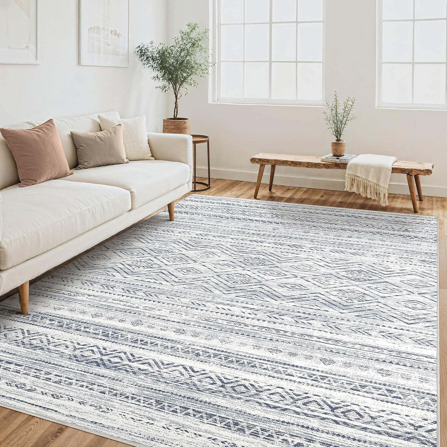 Tortania Area Rug Living Room Rugs - 10x12 Washable Large Soft Neutral Boho Moroccan Bohemian Farmhouse Rug Indoor Floor Carpet for Bedroom Under