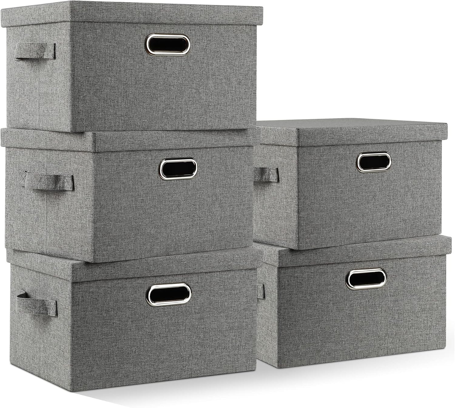Graciadeco Large Quart Collapsible Stackable Storage Bins with Lids, 3 Packs Beige Linen Fabric Closet Boxes with Lids