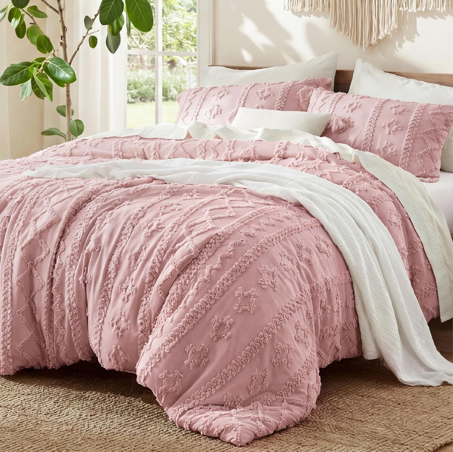 Bedsure Tufted Boho Comforter Set Queen Size - Linen Boho Bed Set, GentleSoft™ 3 Pieces Farmhouse-Style Embroidery Bedding, Gifts for Woman