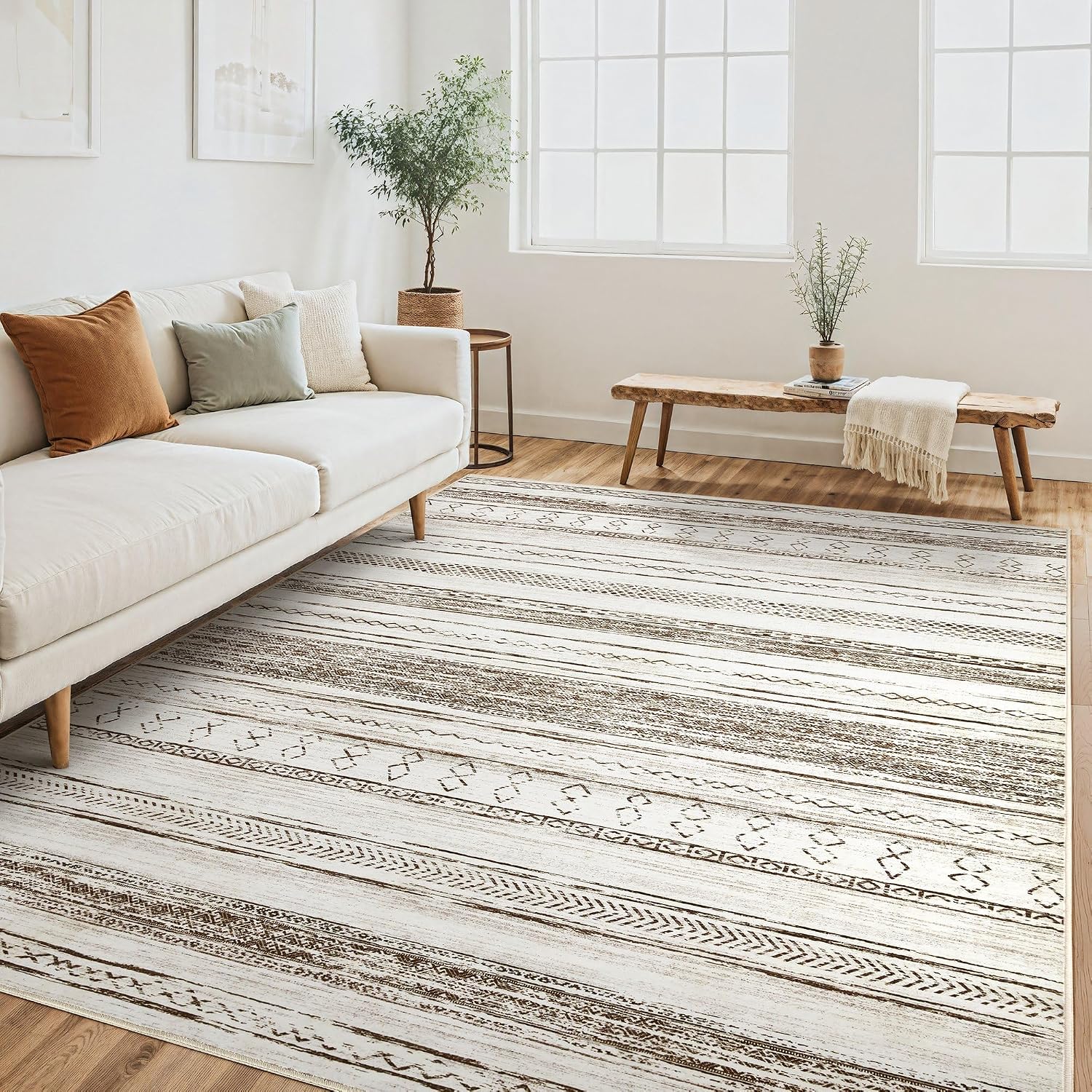 Tortania Area Rug Living Room Rugs - 10x12 Washable Large Soft Neutral Boho Moroccan Bohemian Farmhouse Rug Indoor Floor Carpet for Bedroom Under