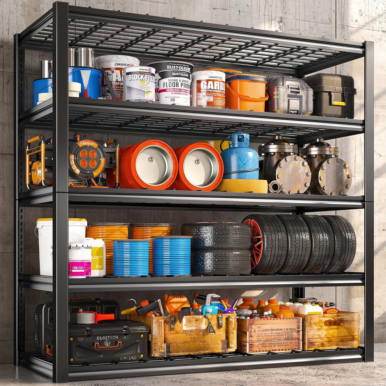 REIBII 5 Tier Garage Shelving for Garage, Adjustable Metal Shelving, 3000LBS Capacity, 36"W x 16"D x 72"H, Rust-Resistant, Solid Steel, Fits Pantry