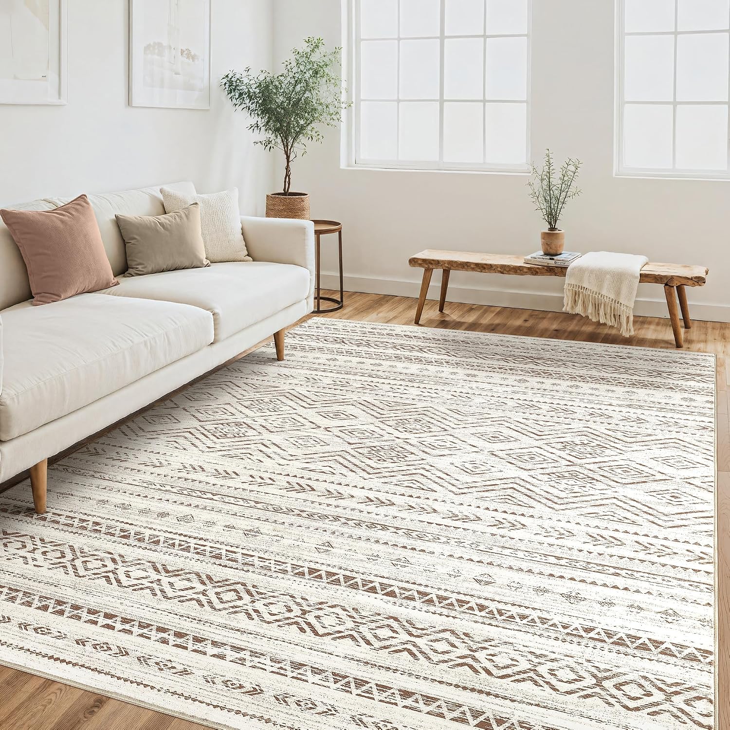 Tortania Area Rug Living Room Rugs - 10x12 Washable Large Soft Neutral Boho Moroccan Bohemian Farmhouse Rug Indoor Floor Carpet for Bedroom Under