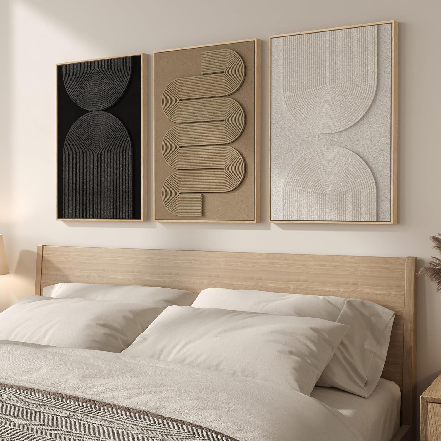 3D Wood Textured Large Neutral Abstract Wall Art, Modern Beige Brown Geometric Paintings Artwork for Walls-Minimalist Wooden Wall Art Decor for Living