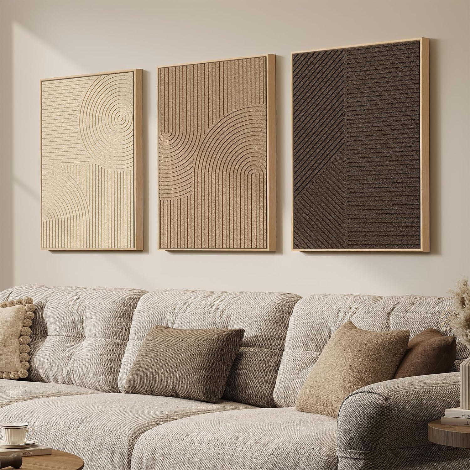 Large 3D Textured Framed Boho Modern Neutral Abstract Wall Art for Living Room, 3 Piece Black White Brown Paintings Artwork for Walls