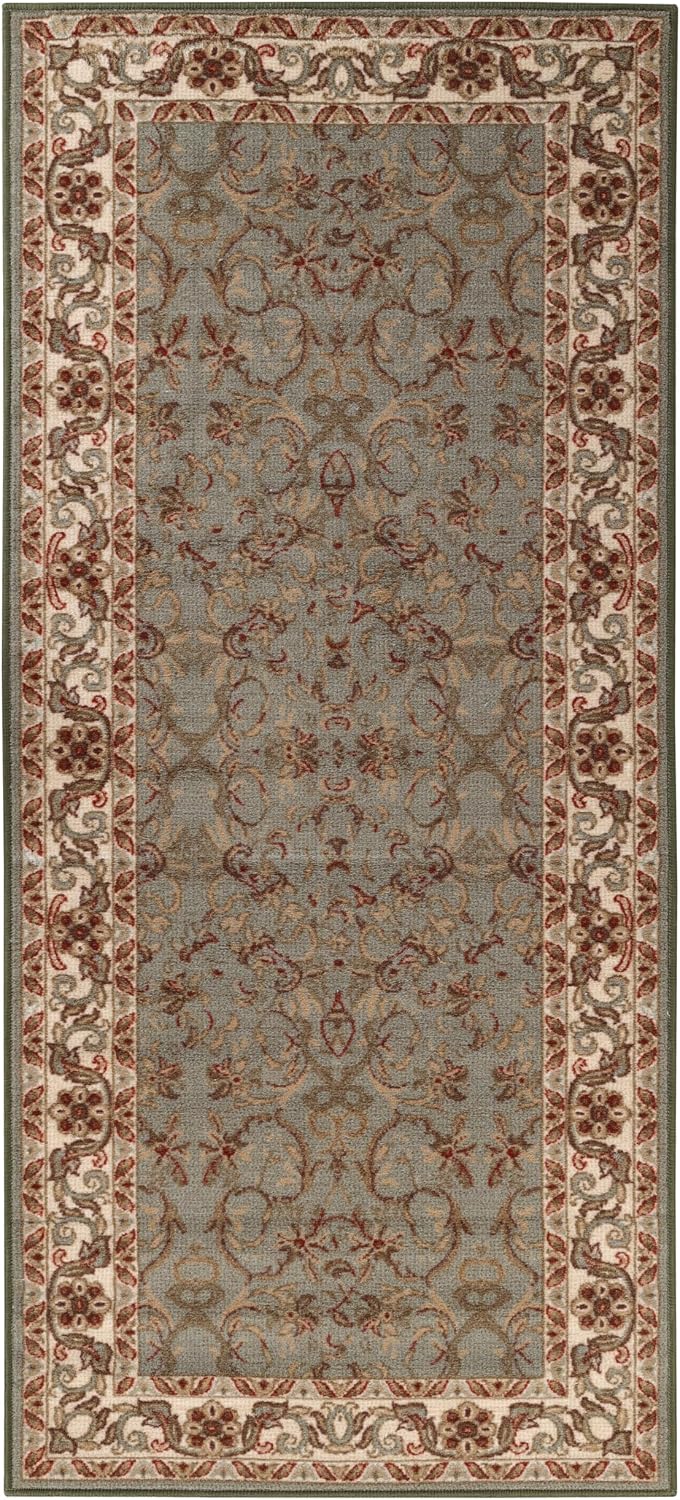 Superior Indoor Area Rug, Traditional Floral Scroll Décor, 8'x10', Green, Easy Care Jute Backing Rugs for High Traffic Living Dining Room, Office