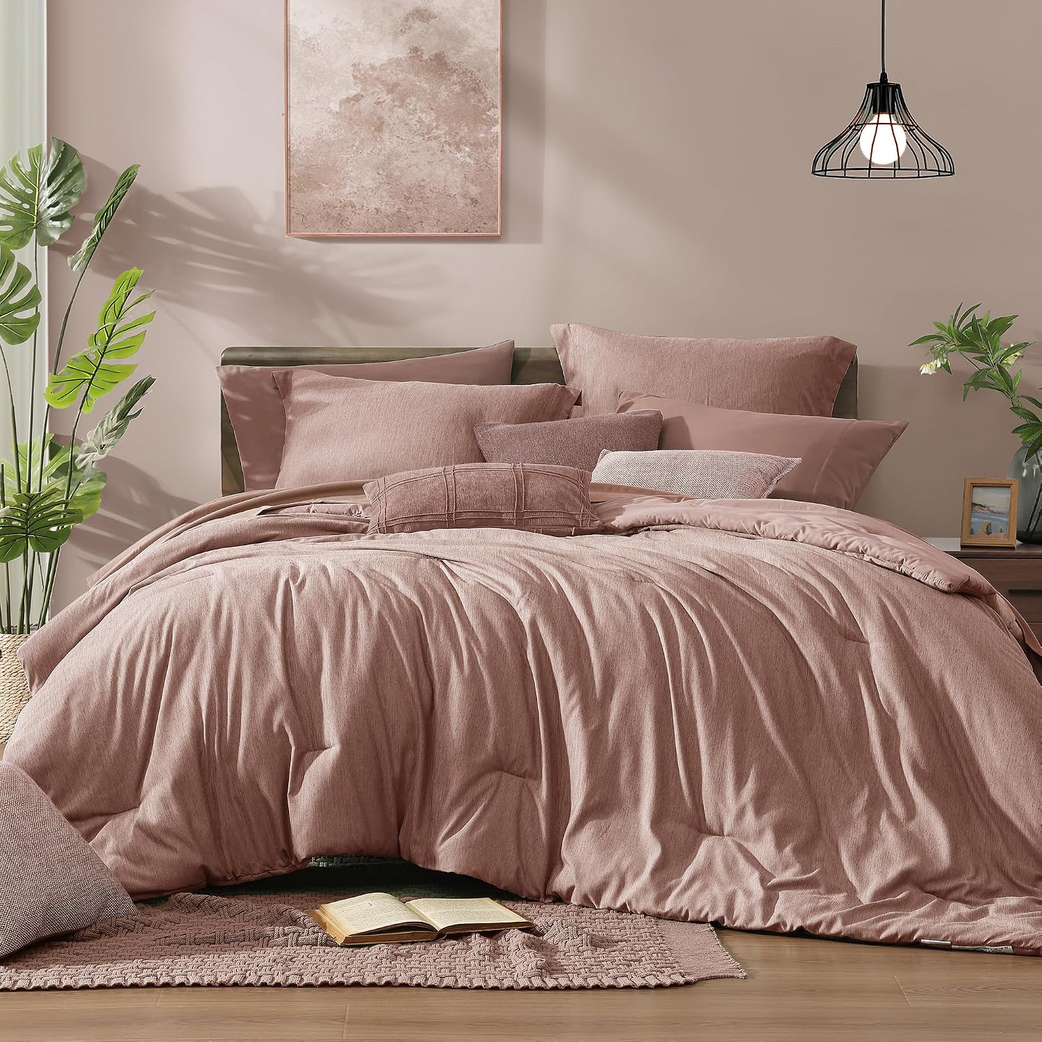 Monbix King Size Comforter Set, Olive Green King Bed Set Reversible, King Size Comforter Set 7 Pieces, Cationic Dyeing Bed in a Bag with Comforter