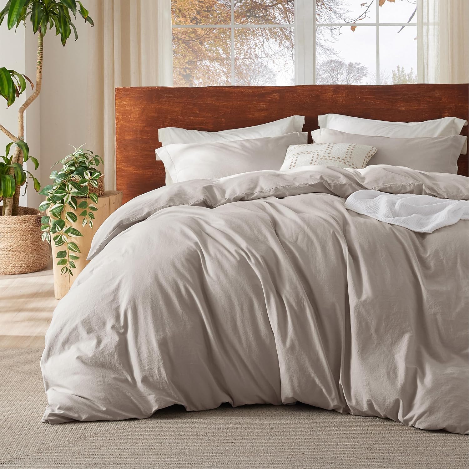 Bedsure 100% Washed Cotton Duvet Cover King Size - Sage Green Minimalist Bedding Set Linen Like - PureWoven Plain Simple and Soft Comforter Cover for