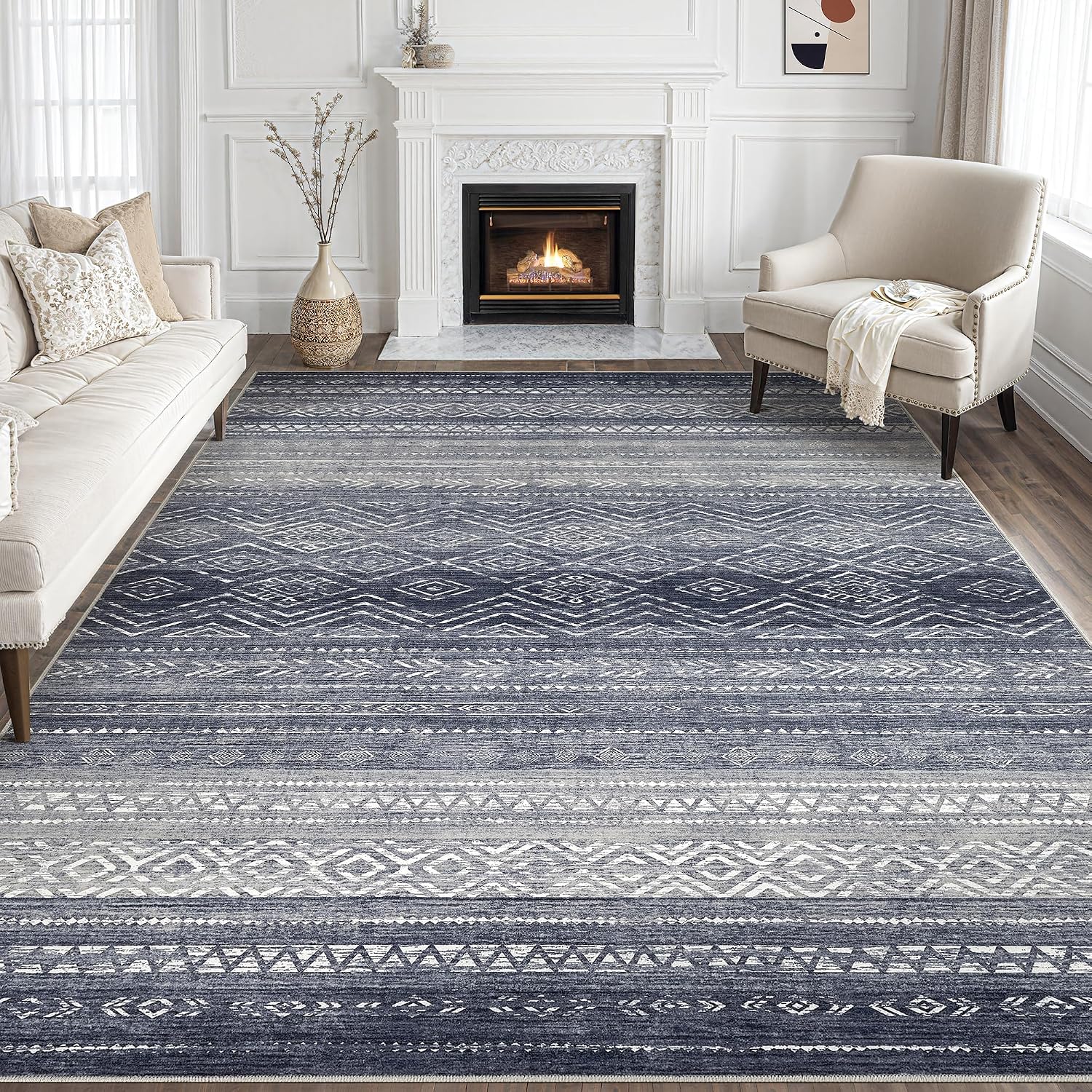 Tortania Area Rug Living Room Rugs - 10x12 Washable Large Soft Neutral Boho Moroccan Bohemian Farmhouse Rug Indoor Floor Carpet for Bedroom Under