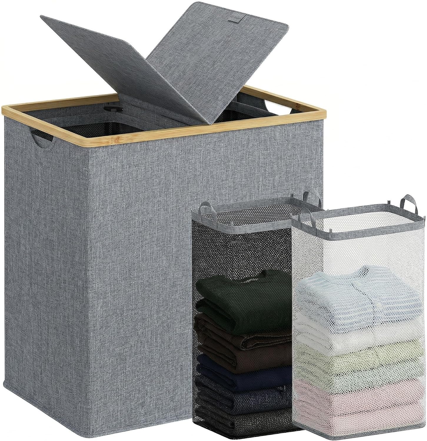 efluky Laundry Hamper with Lid, Double Laundry Basket with 2 Removable Bags, 2 Section Laundry Bin with Bamboo Handles for Bathroom