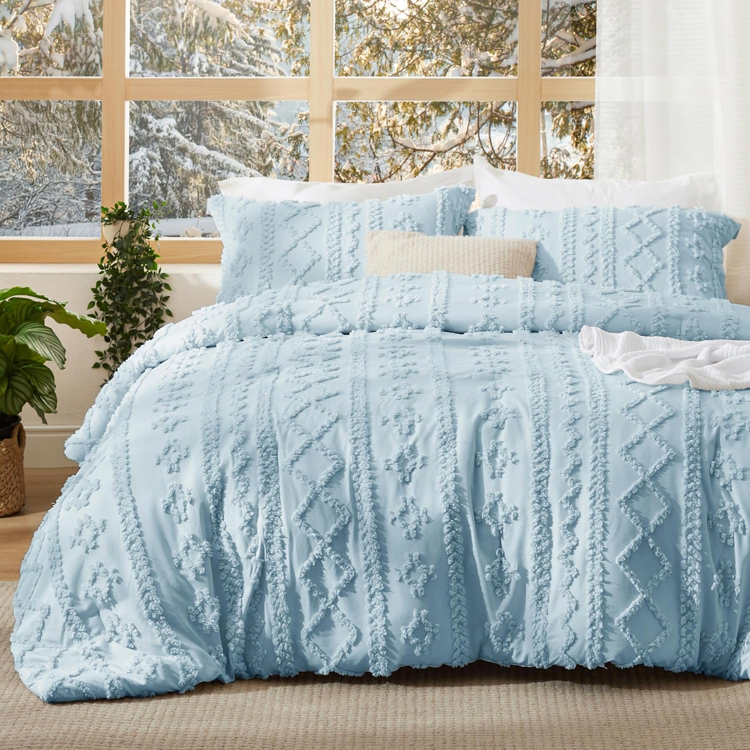 Bedsure Tufted Boho Comforter Set Queen Size - Linen Boho Bed Set, GentleSoft™ 3 Pieces Farmhouse-Style Embroidery Bedding, Gifts for Woman