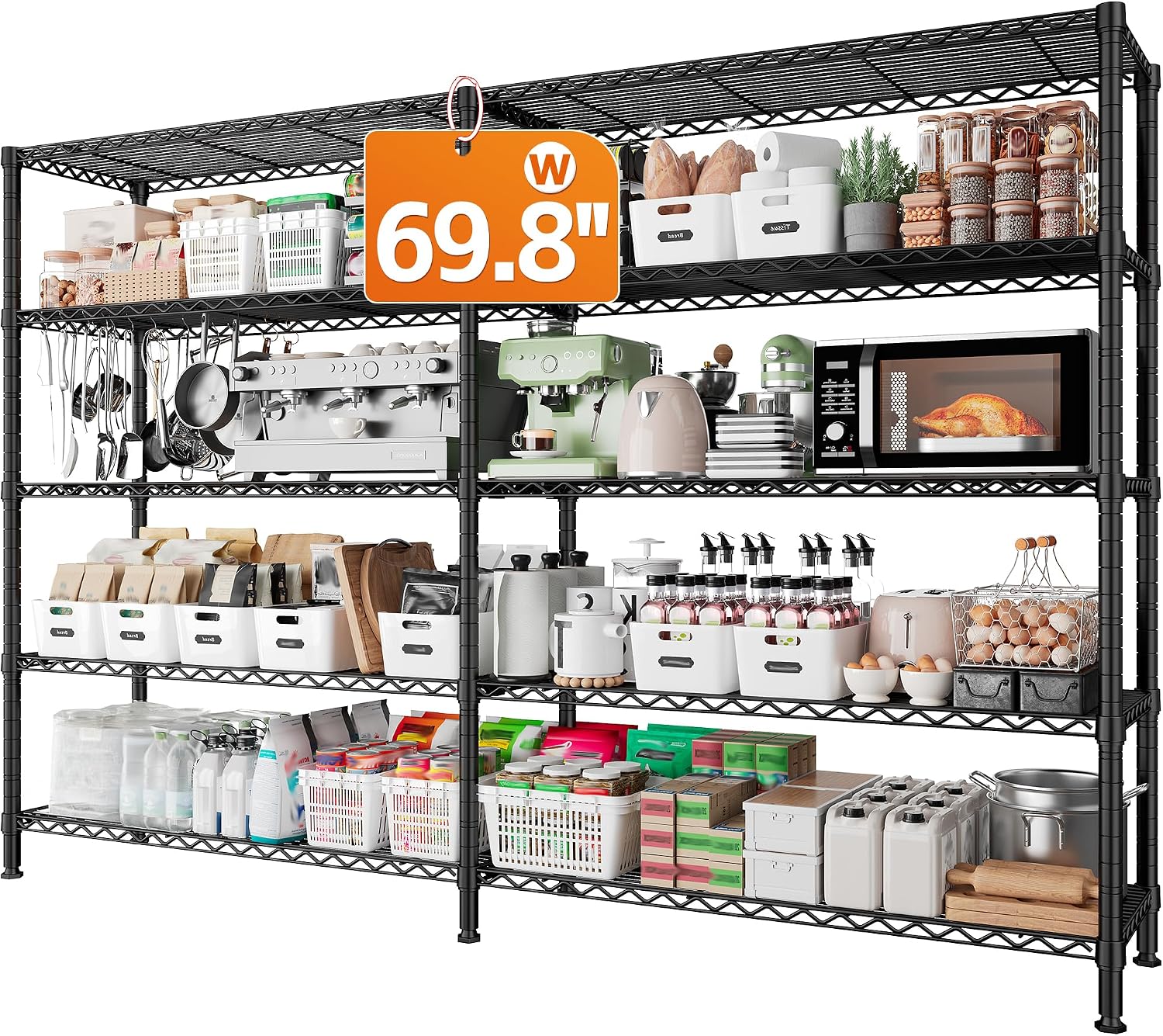 REIBII 58" W Storage Shelves Wire Shelving 1400LB Metal Shelves for 5 Tier Shelving Unit with Shelf Adjustable Garage Shelving Rack for Pantry Kitchen