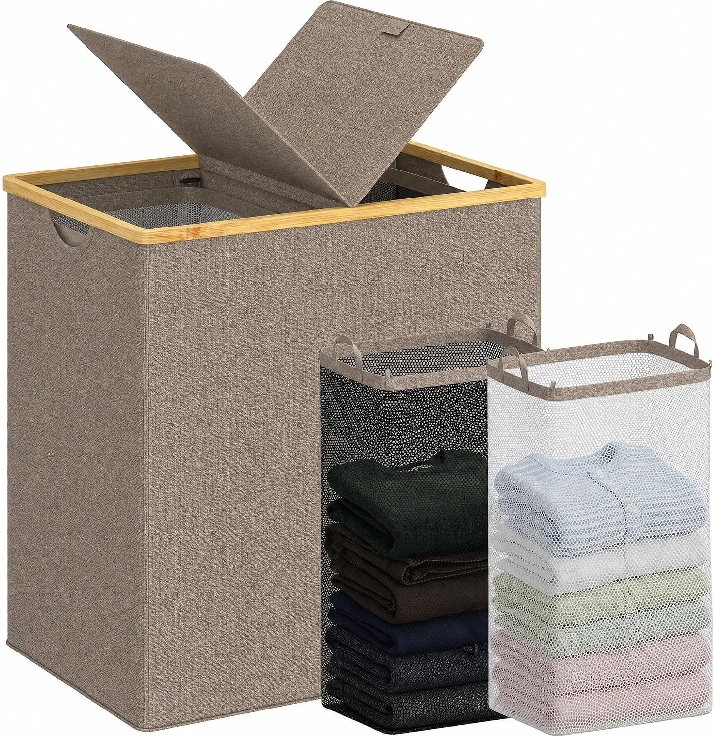 efluky Laundry Hamper with Lid, Double Laundry Basket with 2 Removable Bags, 2 Section Laundry Bin with Bamboo Handles for Bathroom