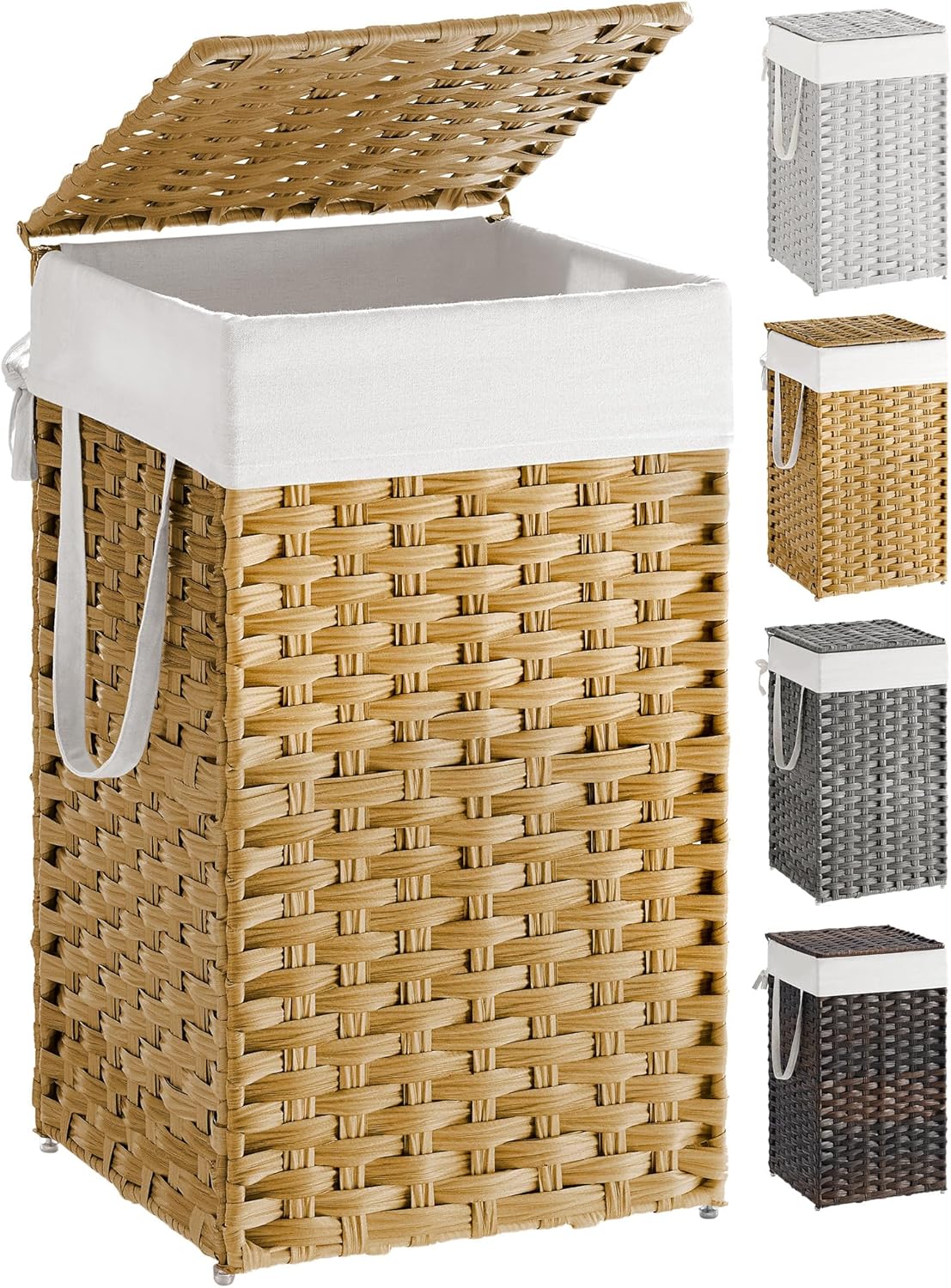 SONGMICS Laundry Hamper with Lid, 23.8 Gallon (90 L) Synthetic Rattan Clothes Laundry Basket with Lid and Handles, Foldable, Removable Liner