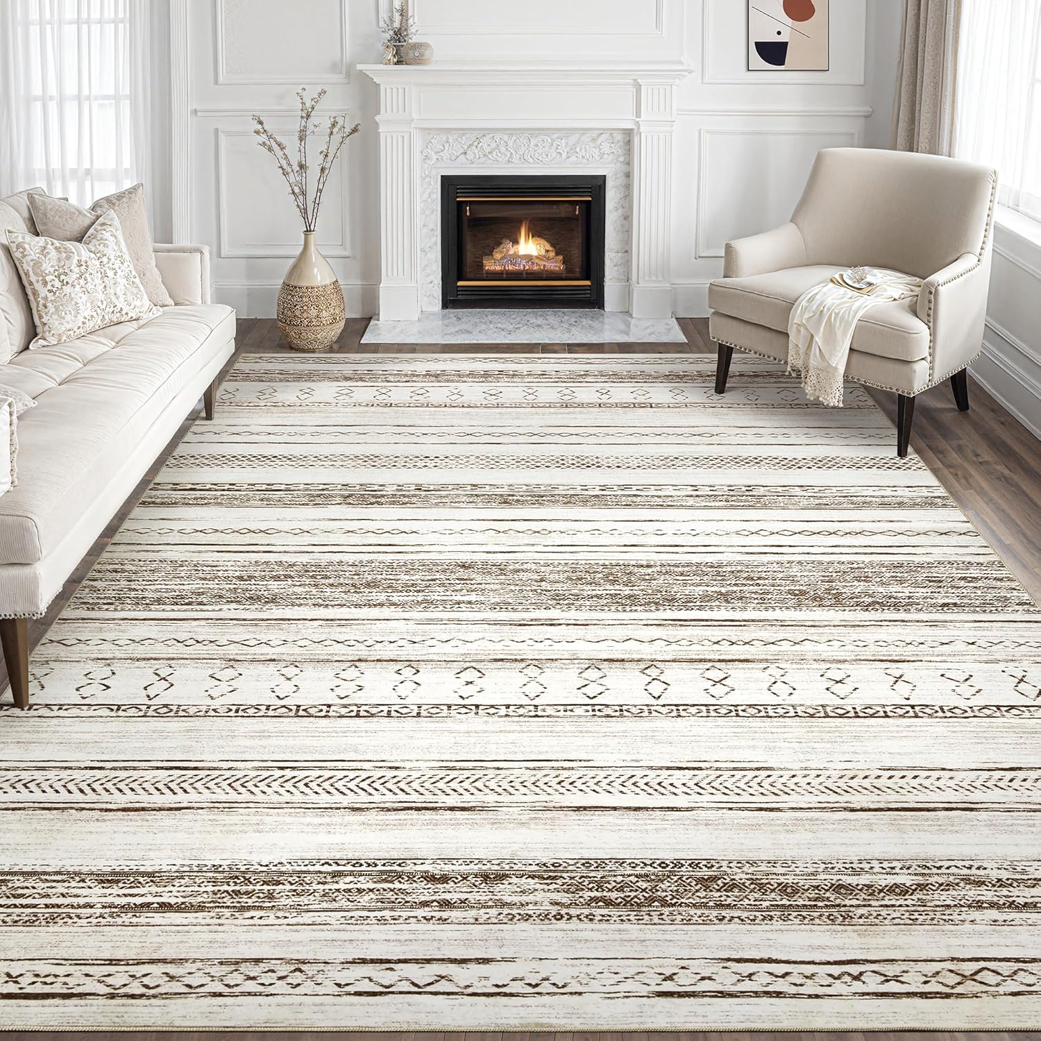Tortania Area Rug Living Room Rugs - 10x12 Washable Large Soft Neutral Boho Moroccan Bohemian Farmhouse Rug Indoor Floor Carpet for Bedroom Under