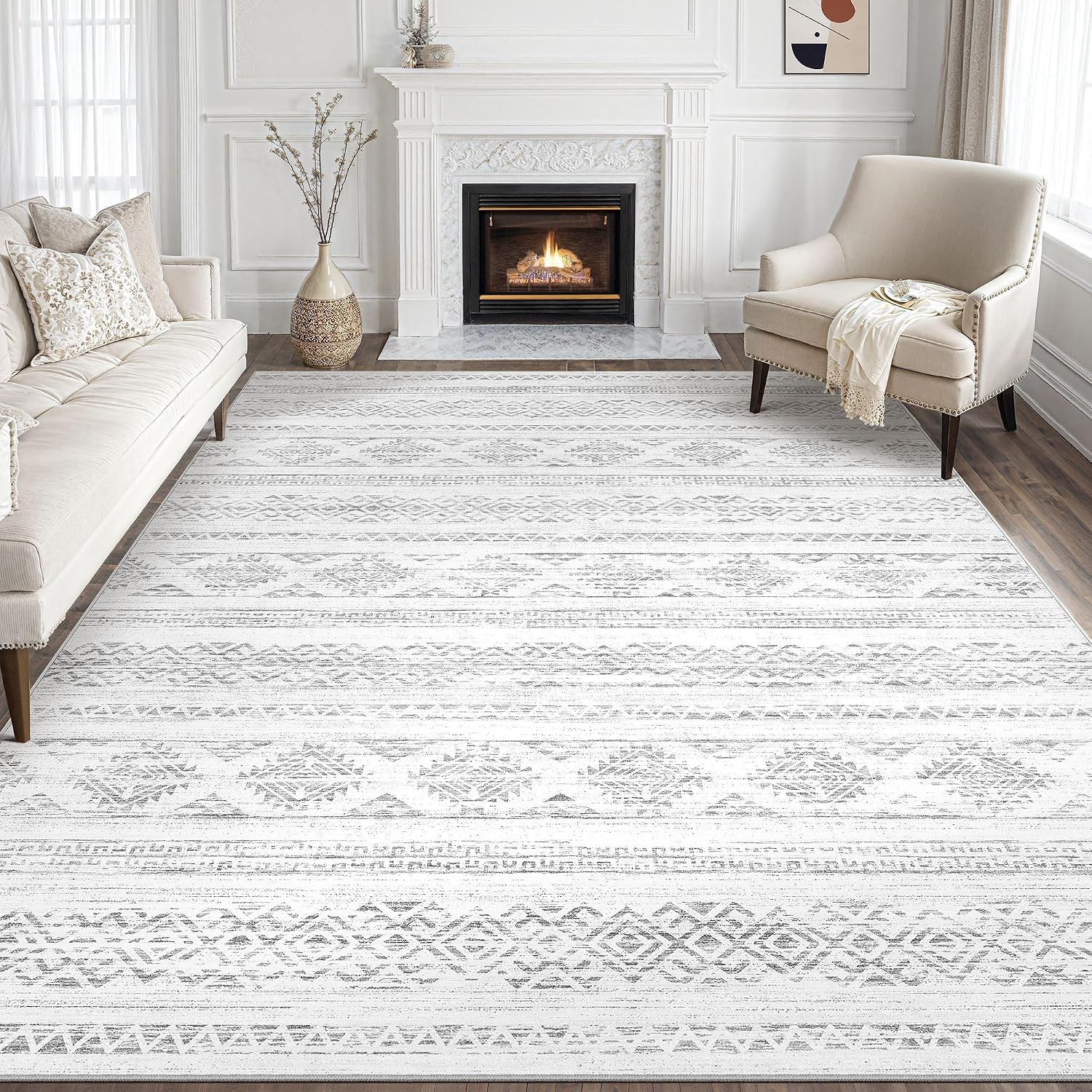 Tortania Area Rug Living Room Rugs - 10x12 Washable Large Soft Neutral Boho Moroccan Bohemian Farmhouse Rug Indoor Floor Carpet for Bedroom Under