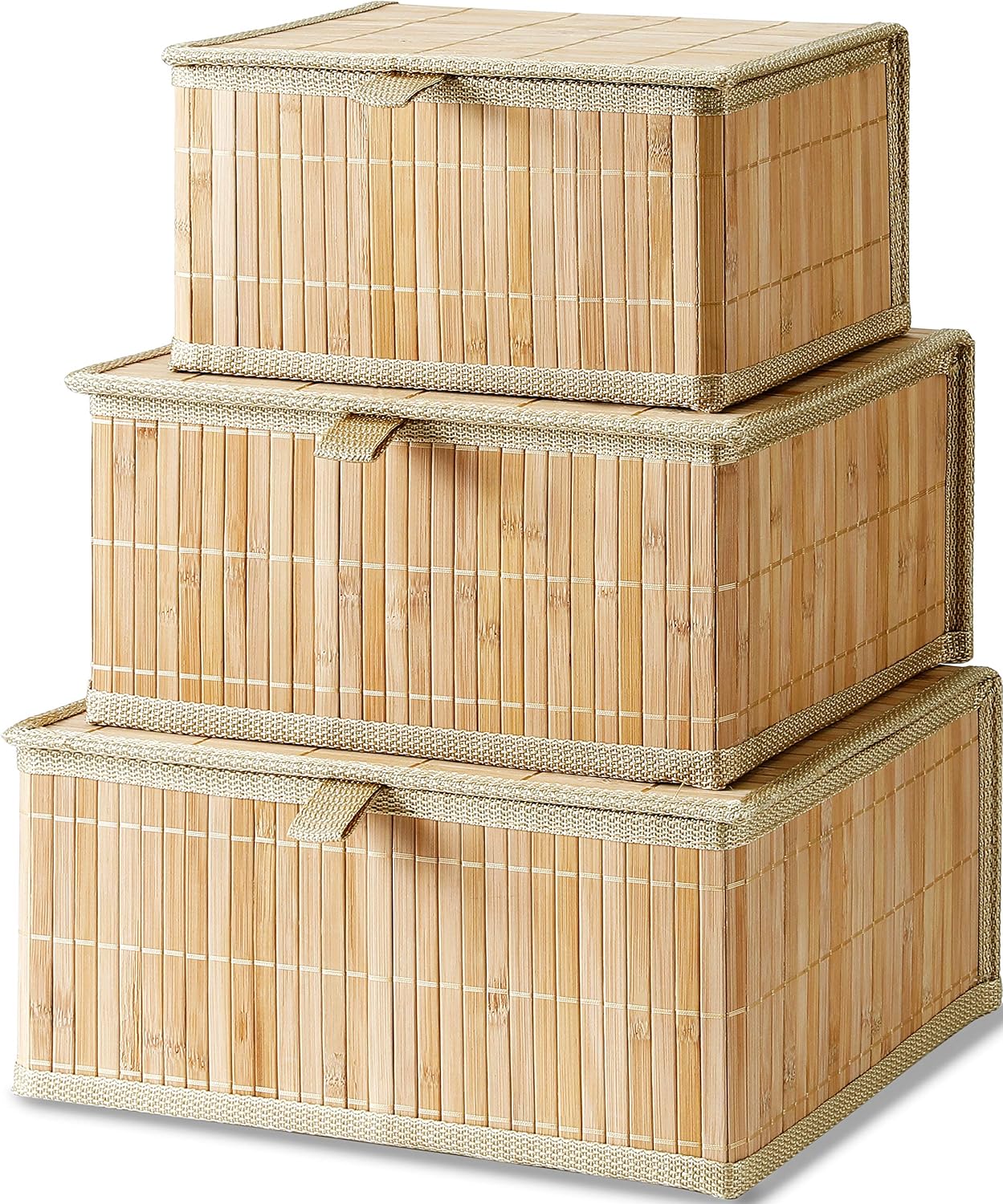Honygebia Bamboo Decorative Storage Boxes - Set of 3 Woven Lined Storage Basket with Lids