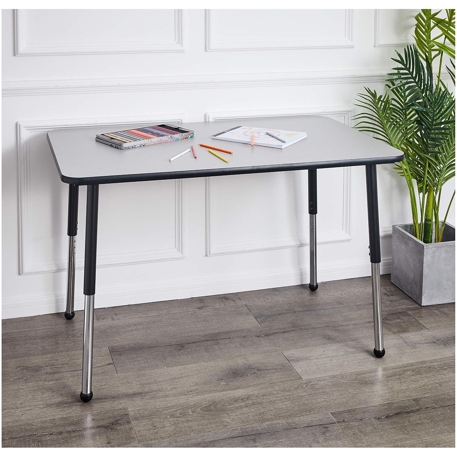 Amazon Basics Adjustable Height Rectangular Classroom Activity Table, Writing Desk for School and Home, Grey Top/Black Edge, 47" W x 29" L x 30" H