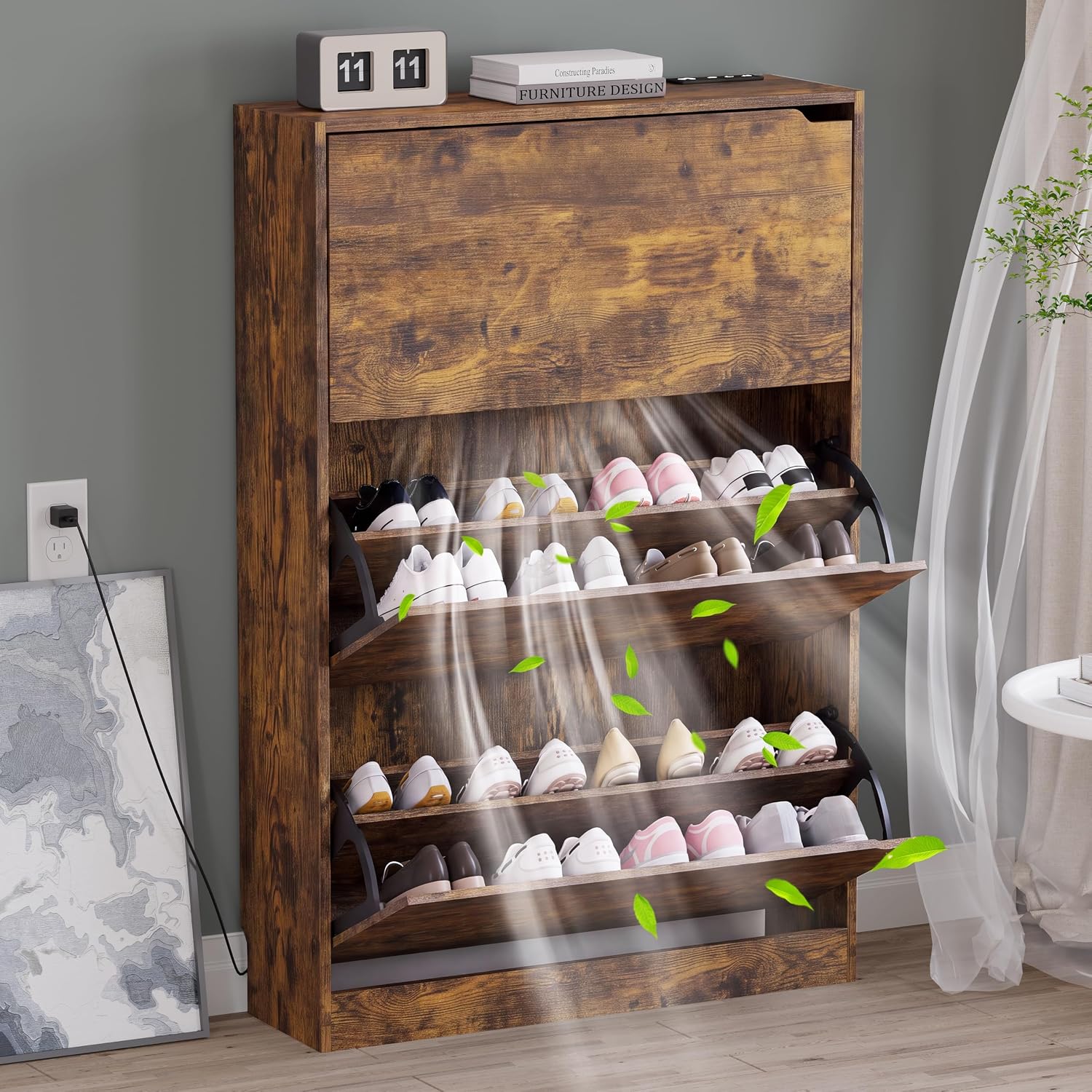 BORNOON Shoe Cabinet with Odor Control and Back Panels, Deodorizing Slim 3-Flip Shoe Storage Cabinet for Entryway