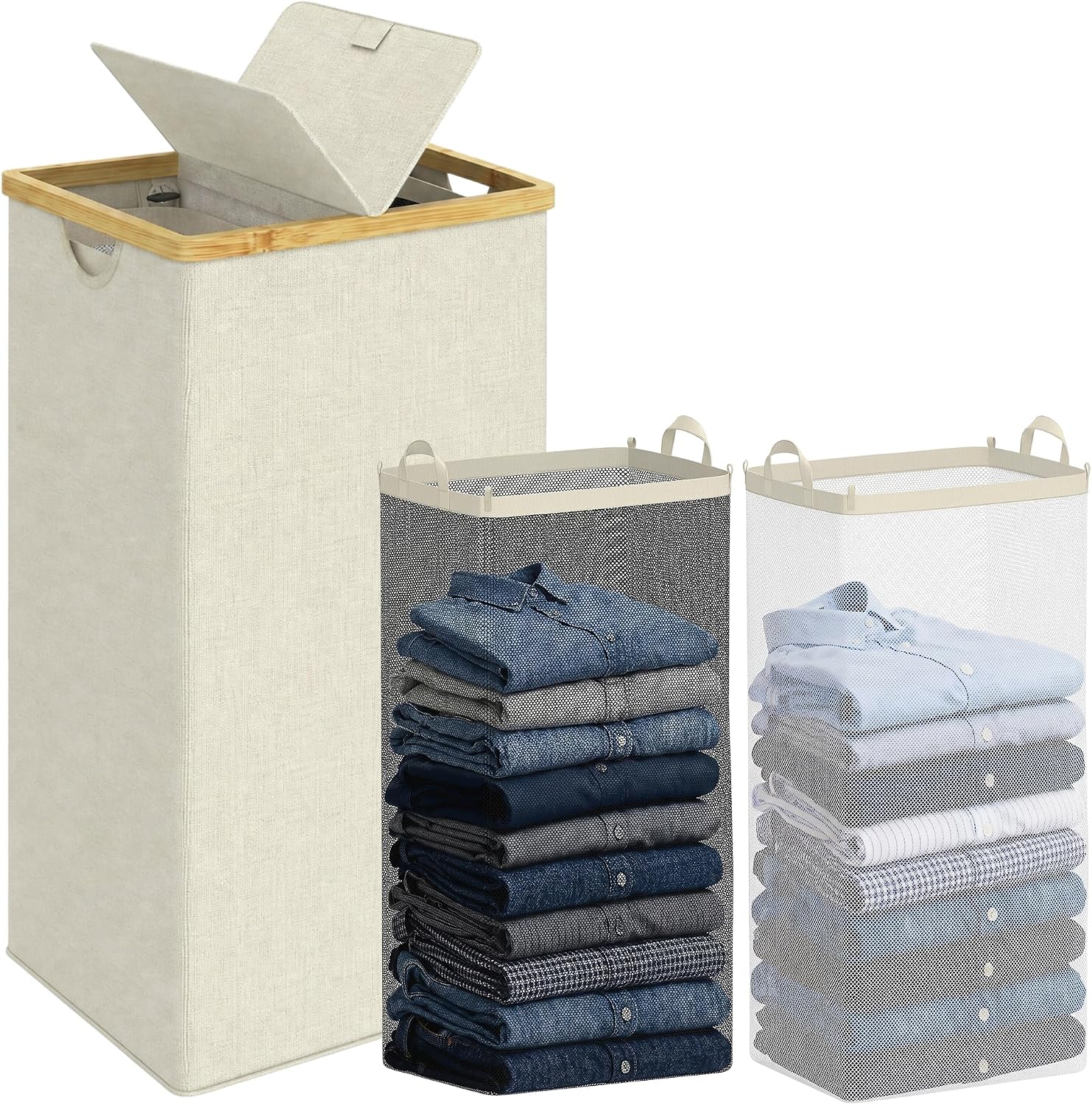 efluky Laundry Hamper with Lid, Double Laundry Basket with 2 Removable Bags, 2 Section Laundry Bin with Bamboo Handles for Bathroom