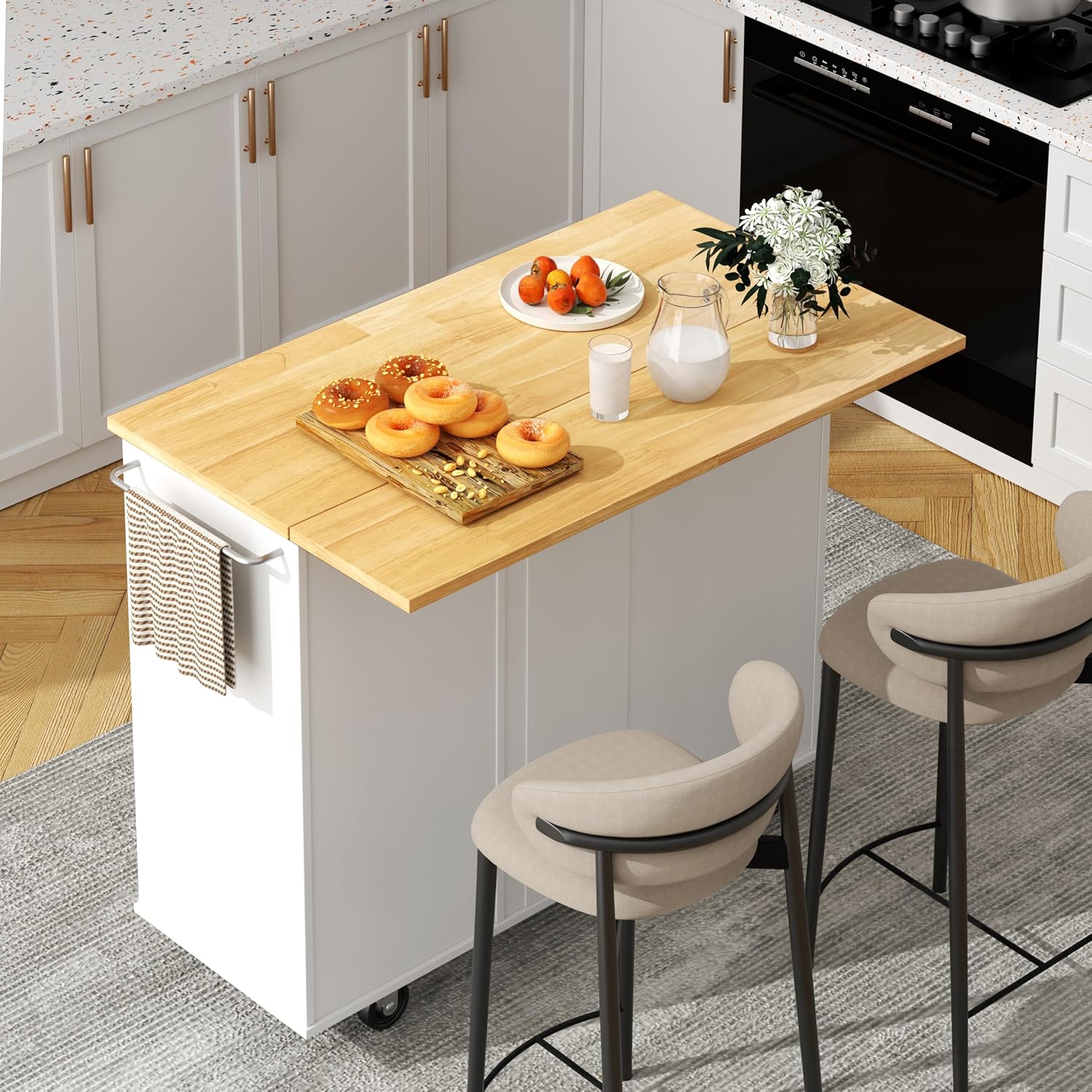 Shintenchi Kitchen Island Cart with Storage, Rolling Kitchen Island Side Table on Wheels with Large Worktop, Storage Cabinet, Towel Rack