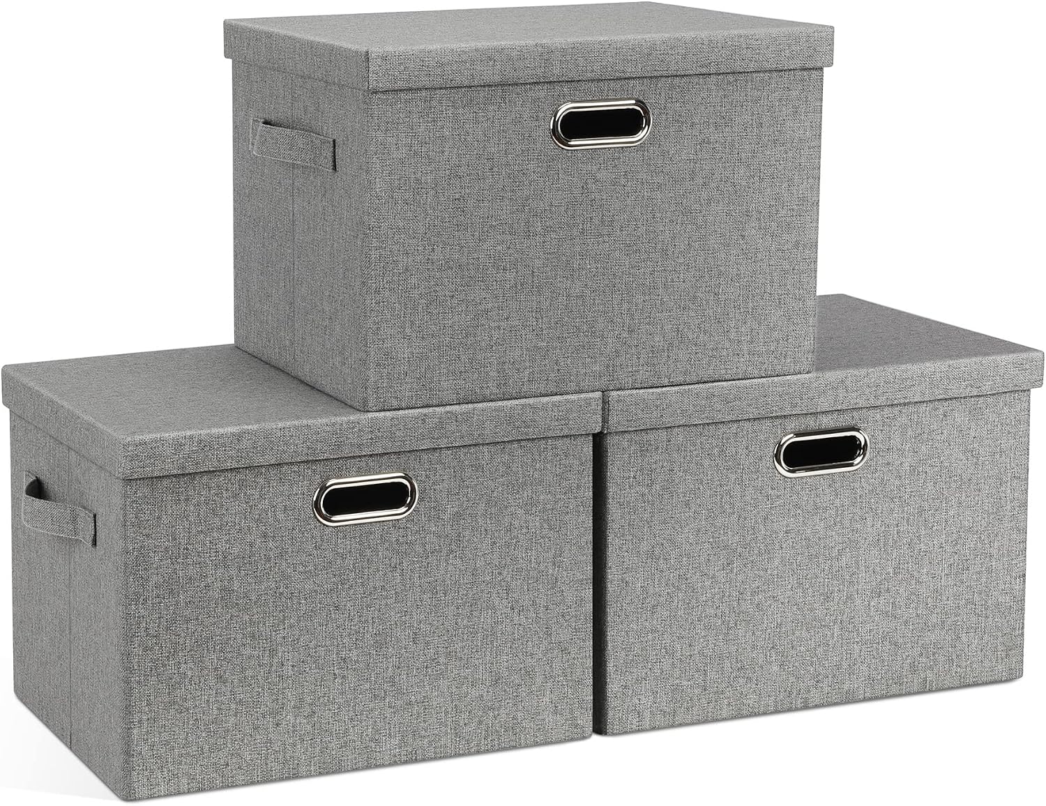 Graciadeco Large Quart Collapsible Stackable Storage Bins with Lids, 3 Packs Beige Linen Fabric Closet Boxes with Lids