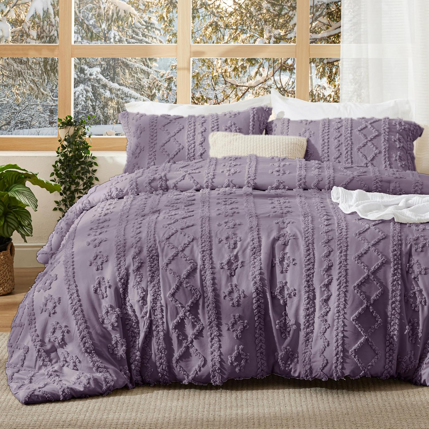 Bedsure Tufted Boho Comforter Set Queen Size - Linen Boho Bed Set, GentleSoft™ 3 Pieces Farmhouse-Style Embroidery Bedding, Gifts for Woman